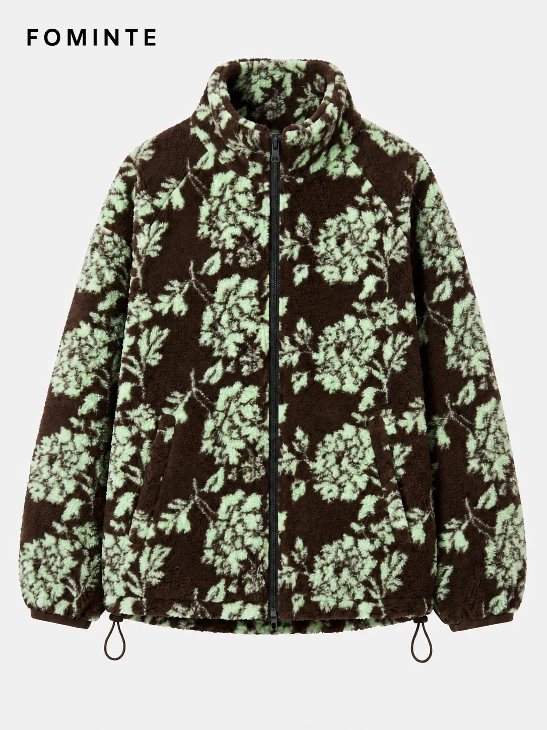 Dark Green Botanical Print Hooded Fleece Jacket