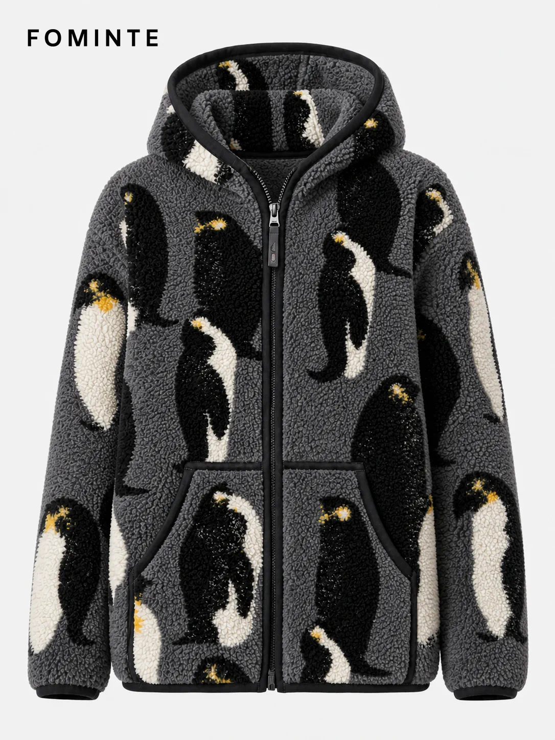Charcoal Abstract Print Hooded Fleece Jacket