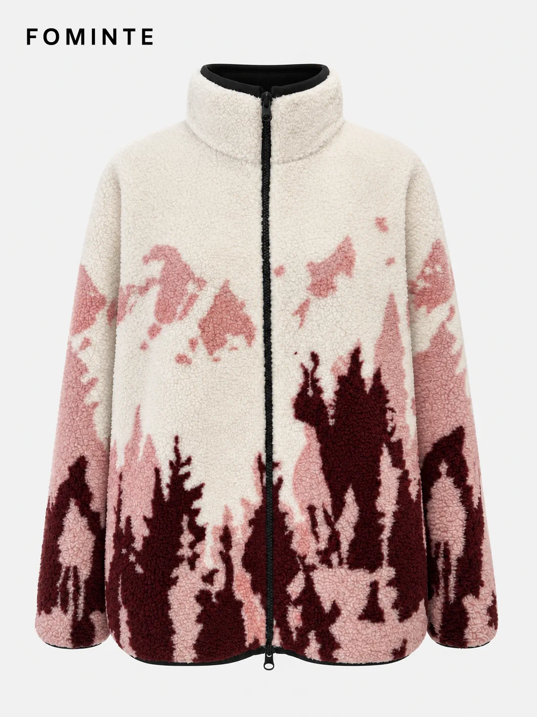 Ivory Burgundy Mountain Print Fleece Jacket