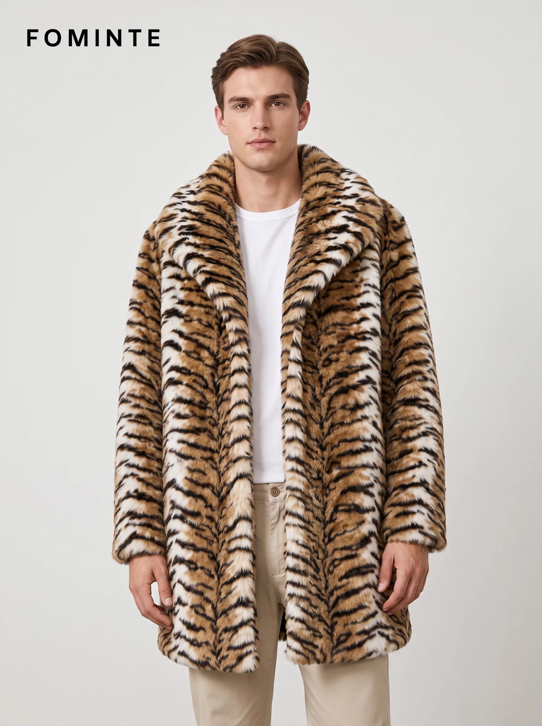 Warm Ivory Tiger-Inspired Faux Fur Coat