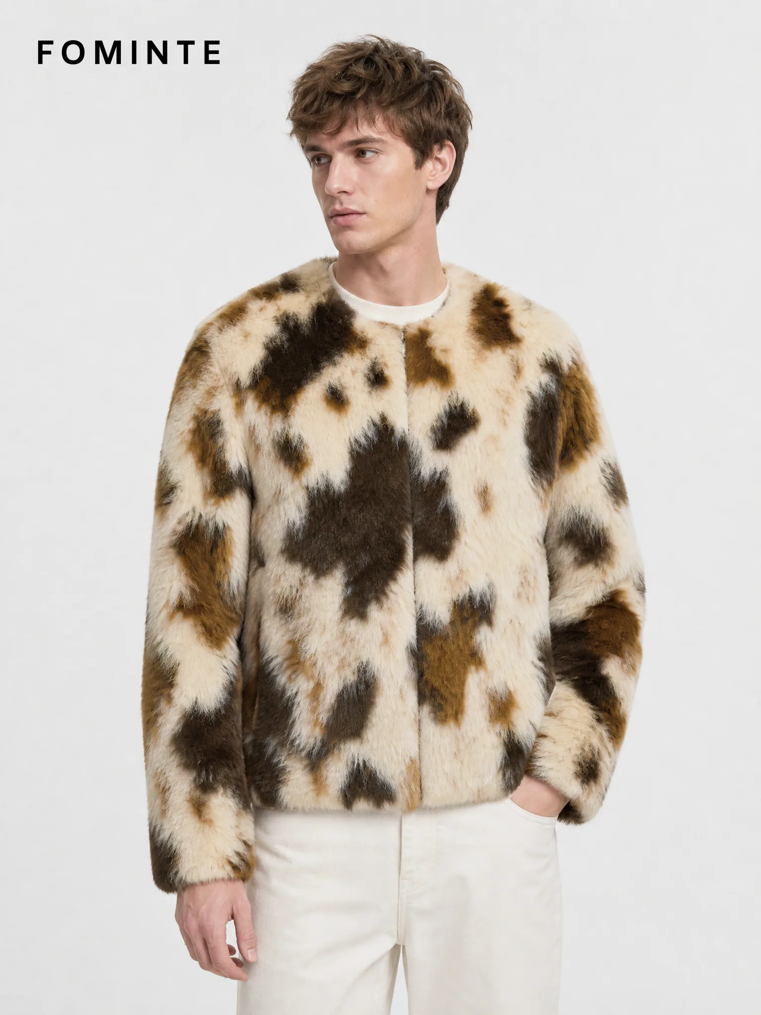 Ivory Diagonal-Stripe Faux Fur Jacket