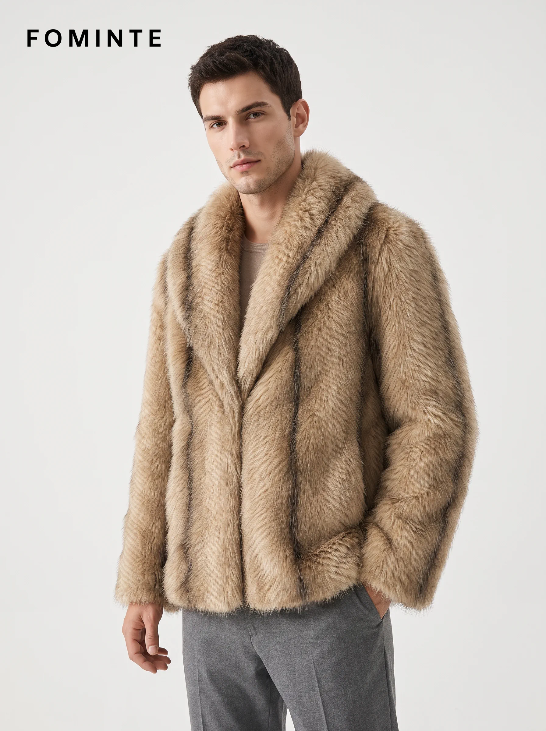 Taupe Tonal-Streak Faux Fur Jacket
