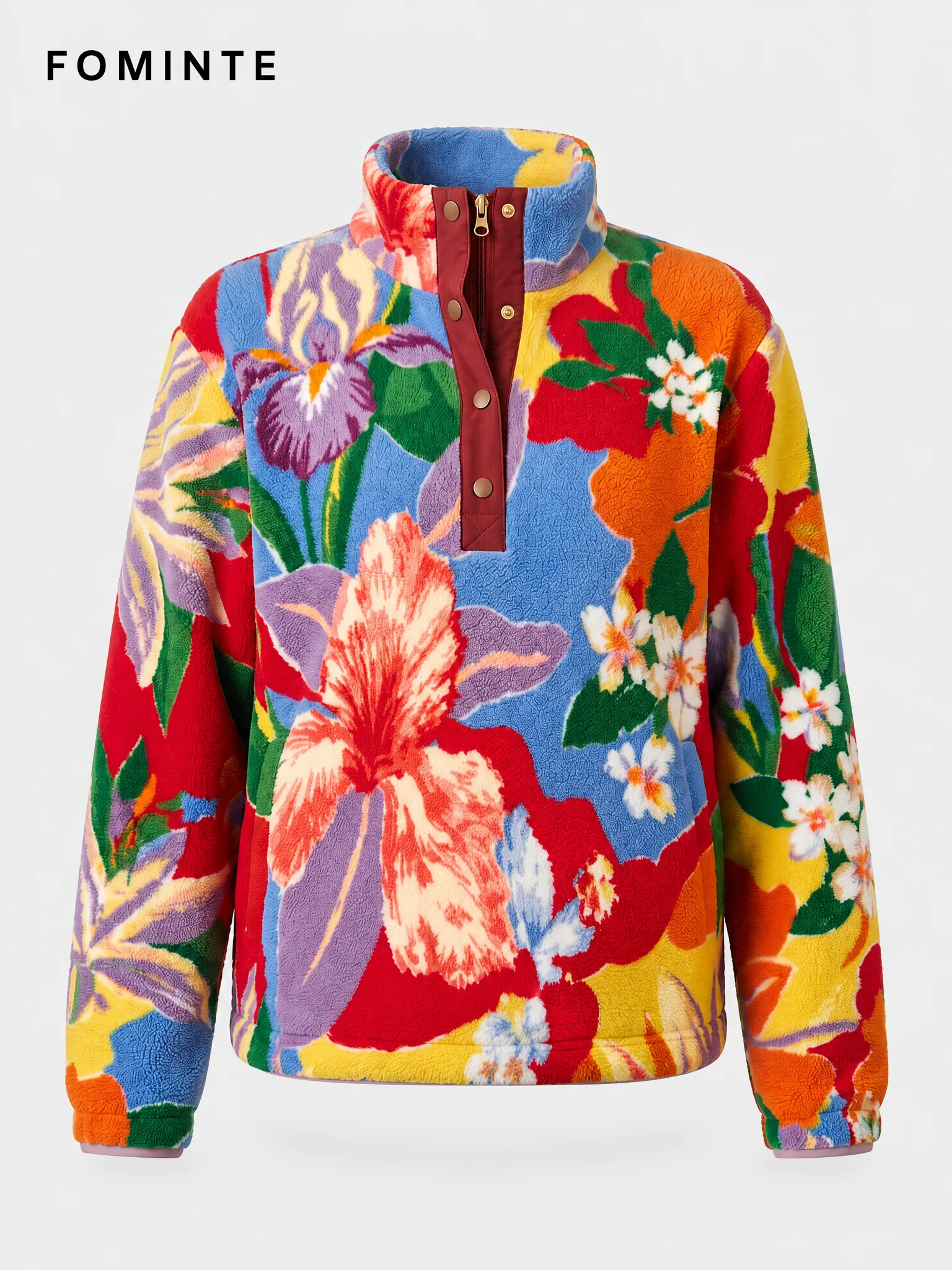 Bold Floral Print Half-Snap Stand-Collar Fleece Jacket