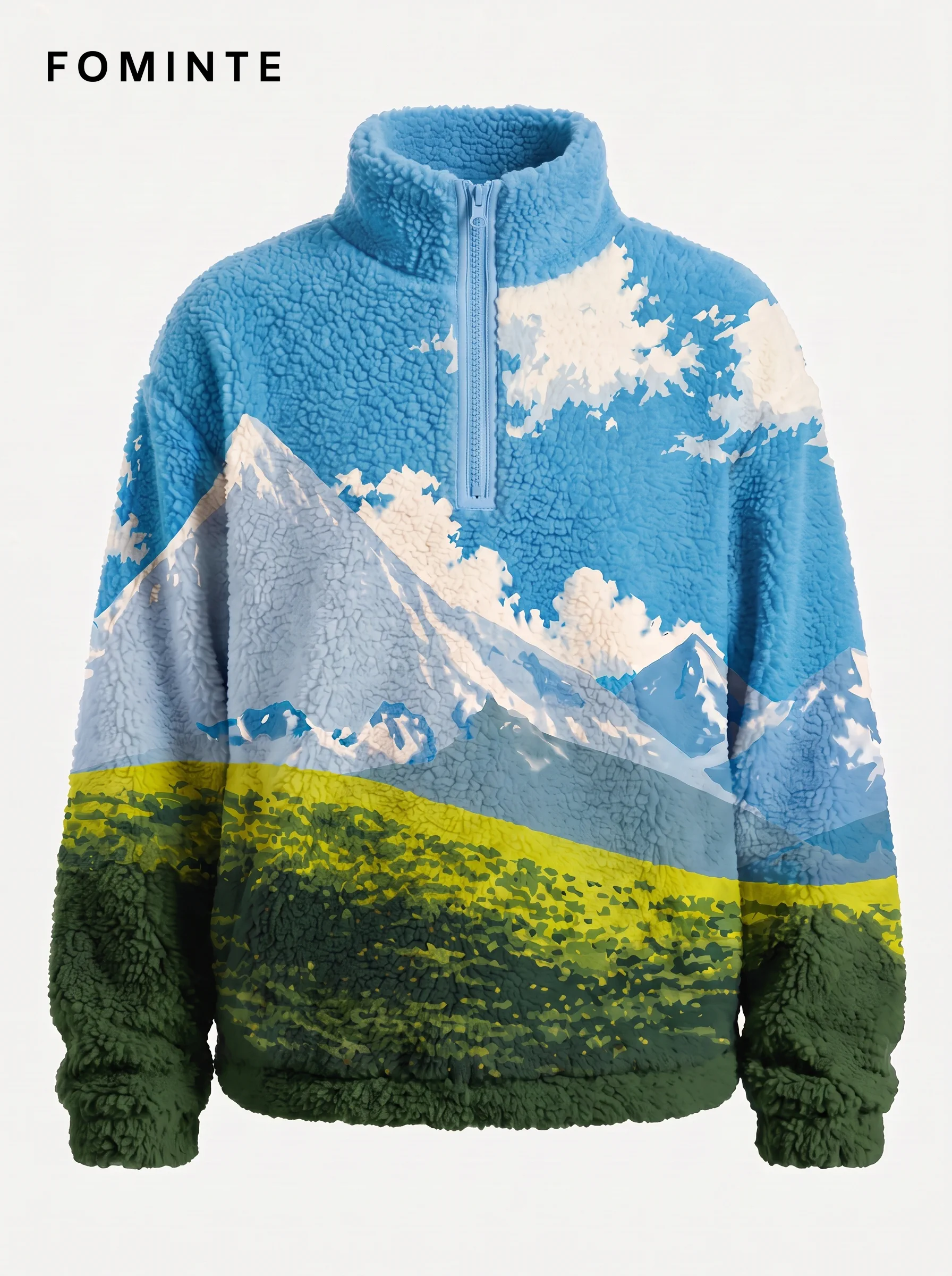 Blue Sky Cloud Grass Landscape Quarter-Zip Fleece Jacket