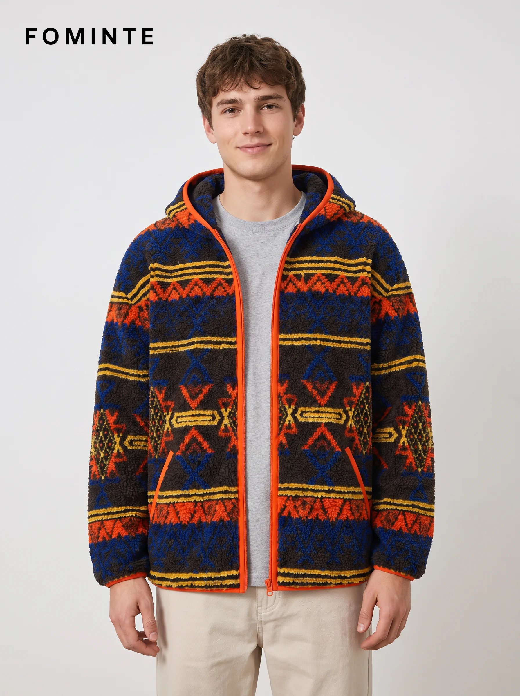 Hooded Full-Zip Aztec Geometric Fleece Jacket