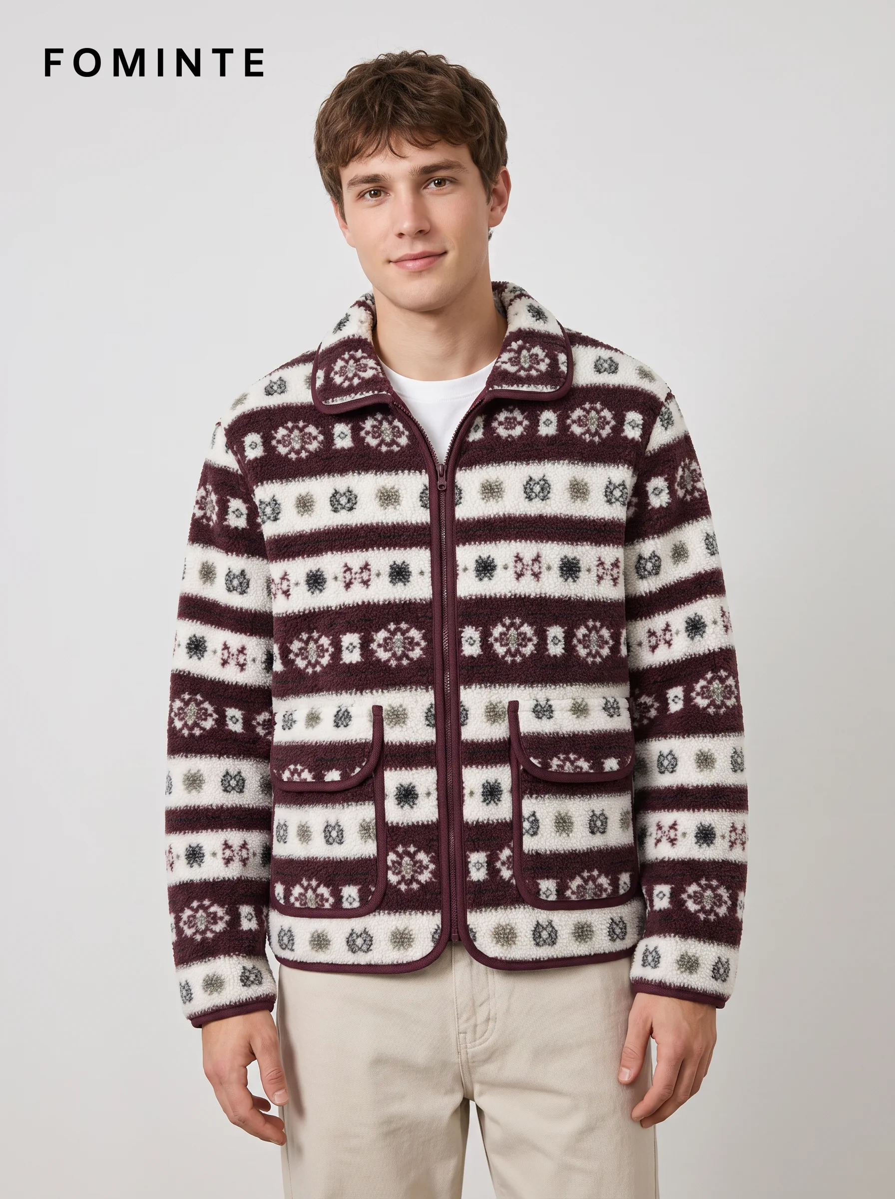 Notched-Collar Full-Zip Fair Isle Fleece Jacket