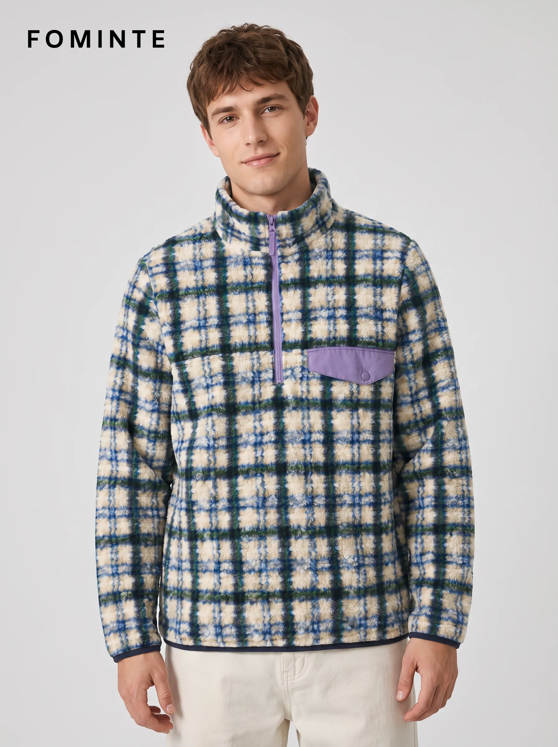 Half-Zip Plaid Print Fleece Pullover