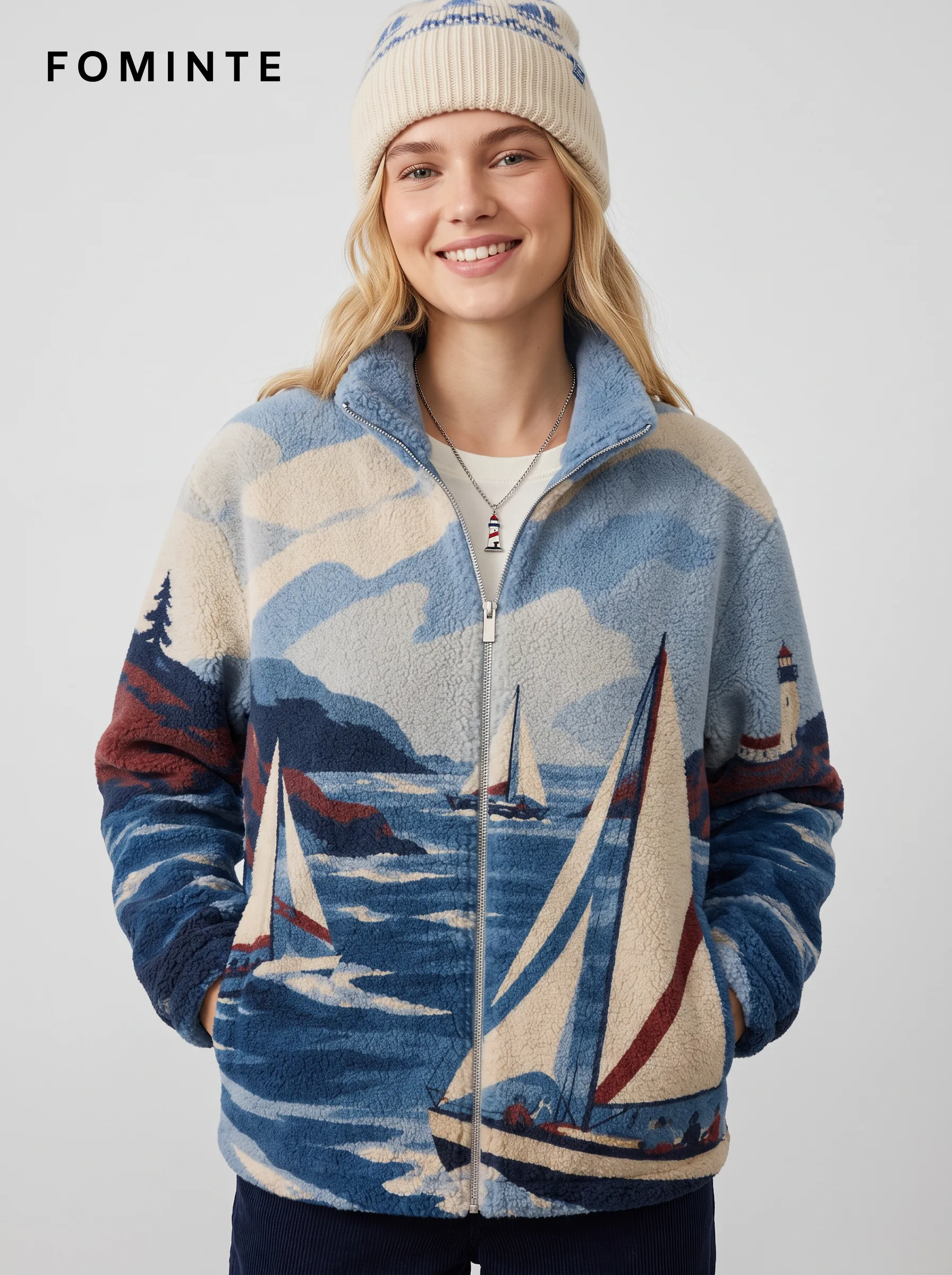 Coastal Sailing Print Full-Zip Fleece Jacket