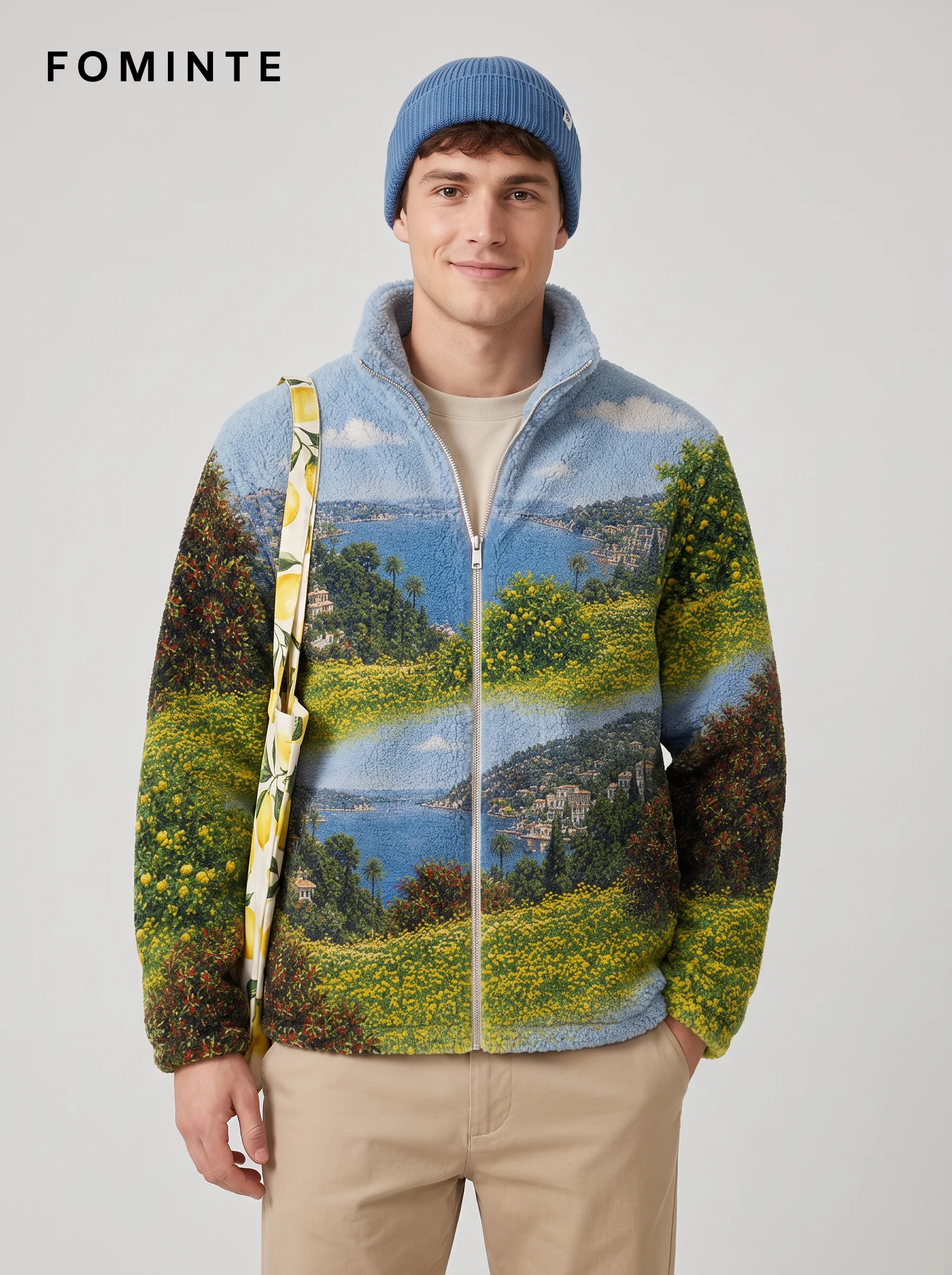 Mediterranean Bay Landscape Print Full-Zip Fleece Jacket