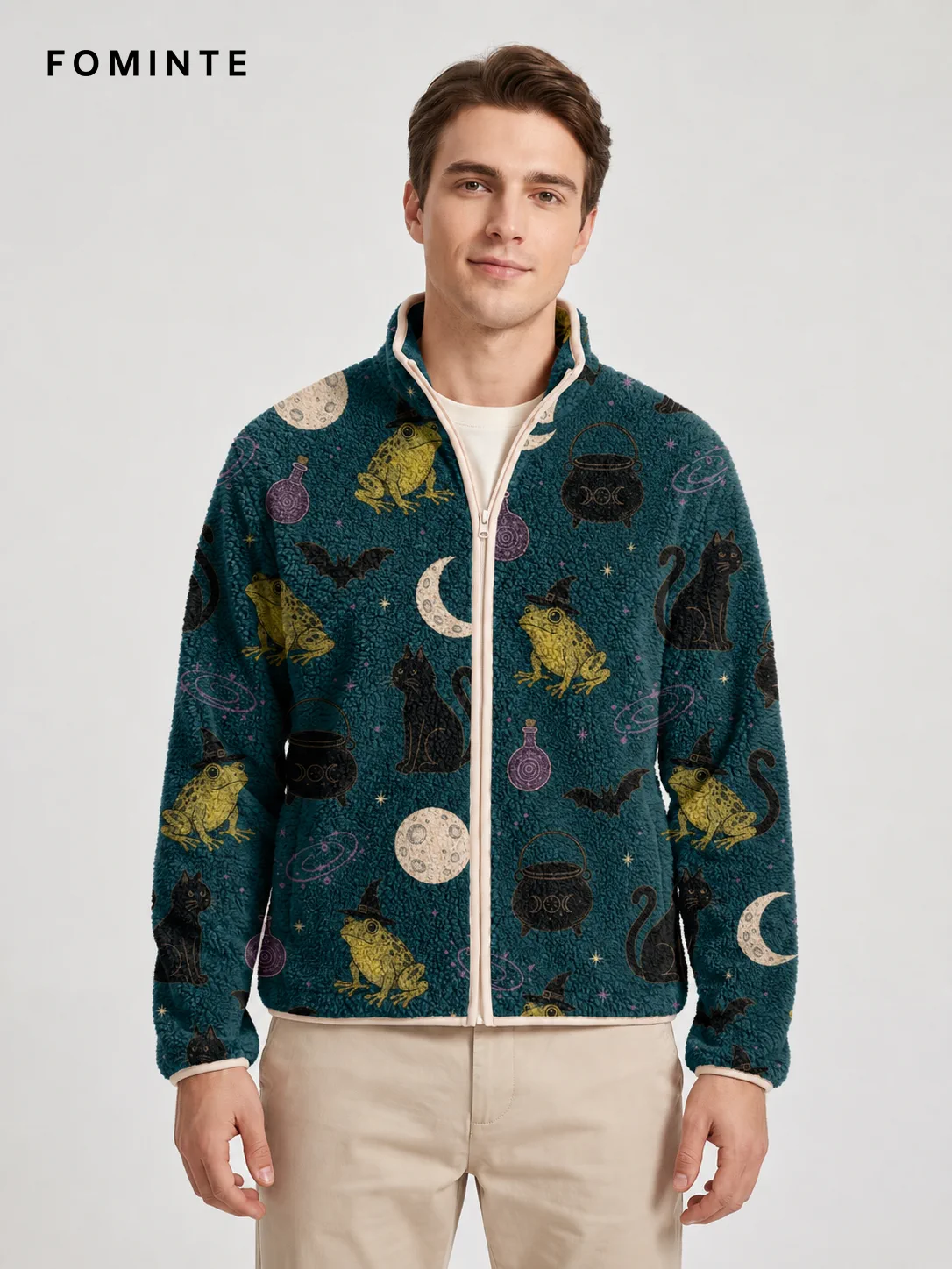 Forest Green Witch Frog Print Stand-Collar Fleece Jacket