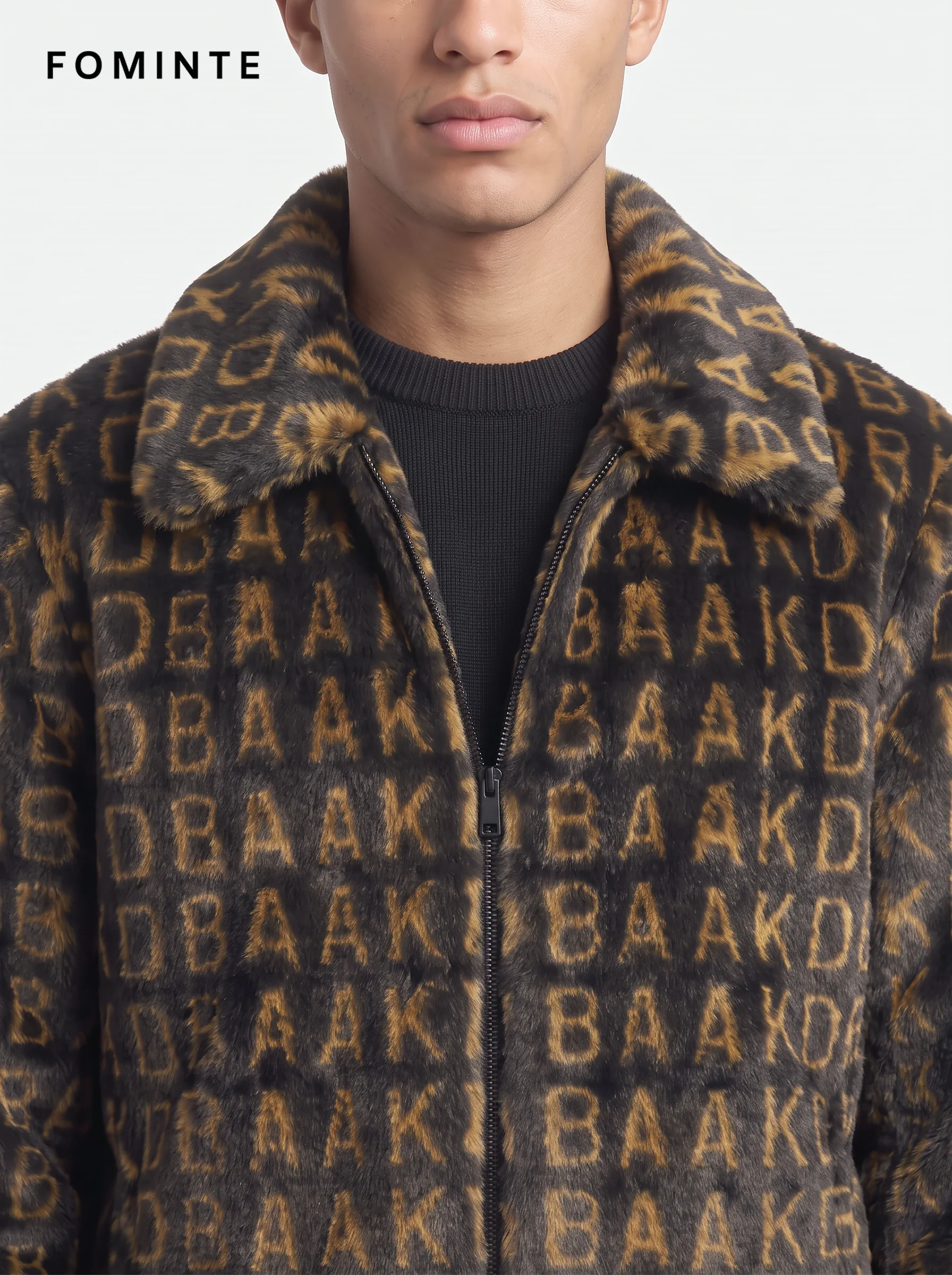 Black and Gold Monogram Luxury Faux Fur Zip Jacket