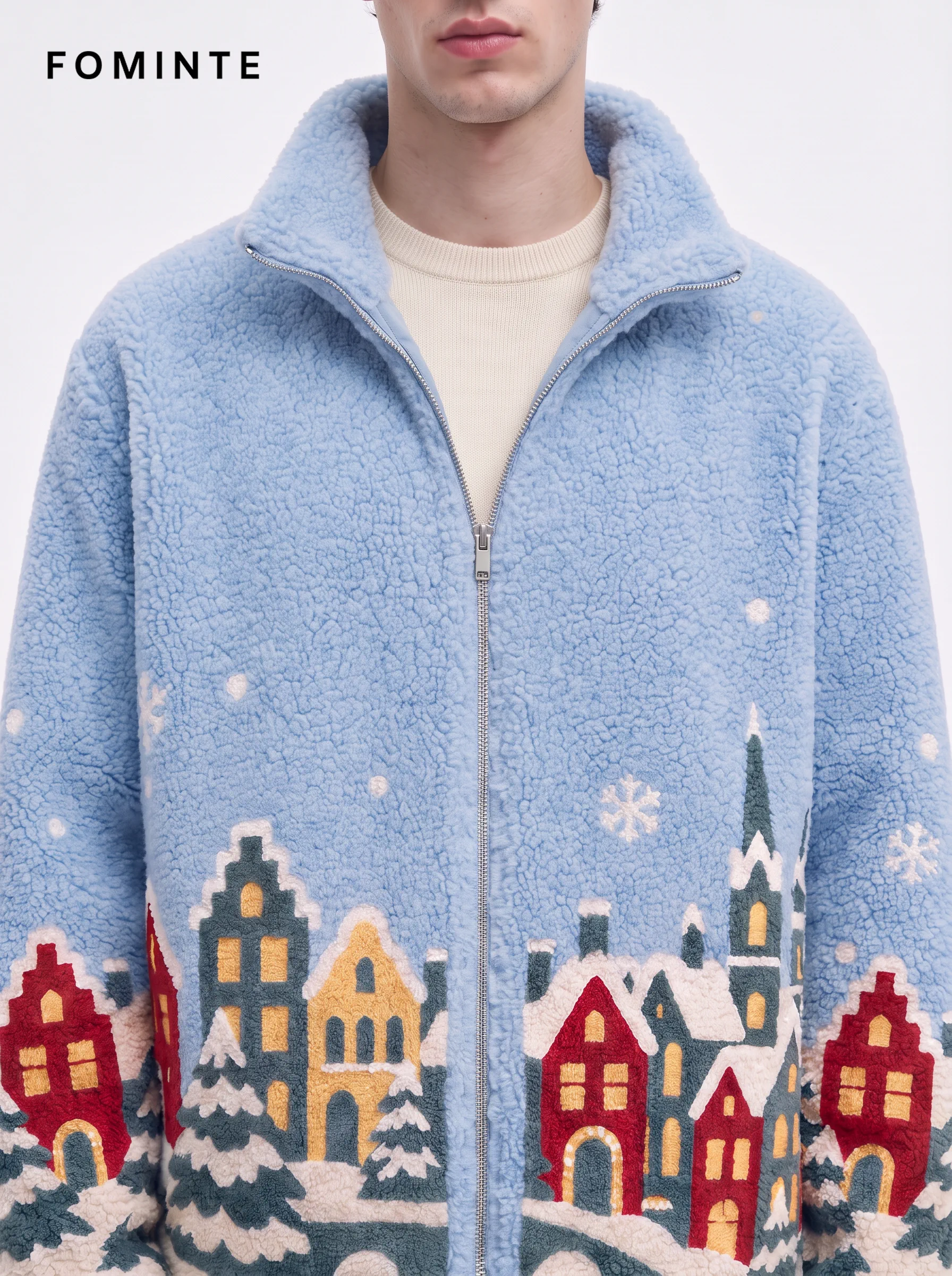 Sky Blue European Winter Town Jacquard Fleece Jacket