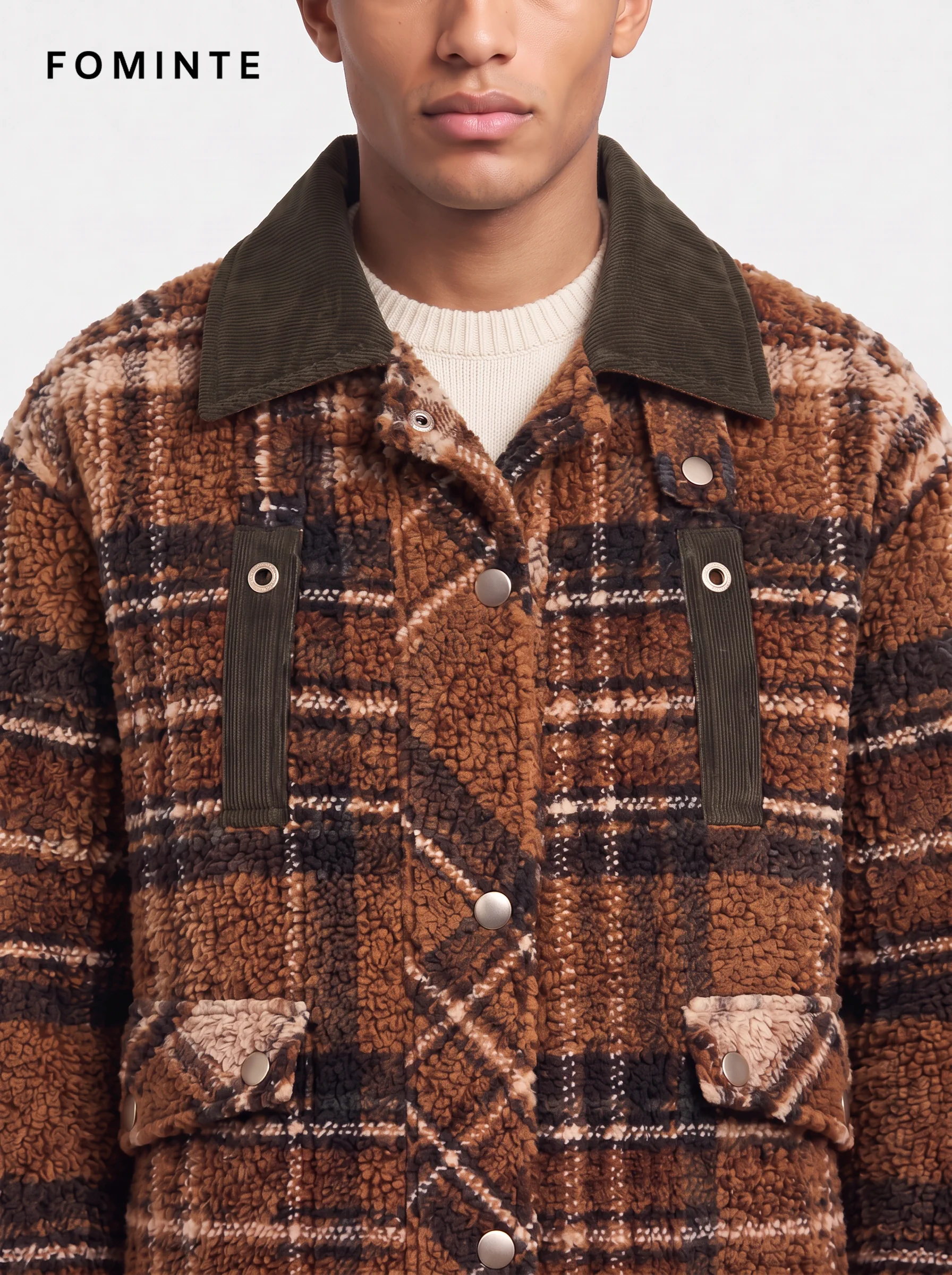 Brown Plaid Utility Sherpa Jacket with Corduroy Collar
