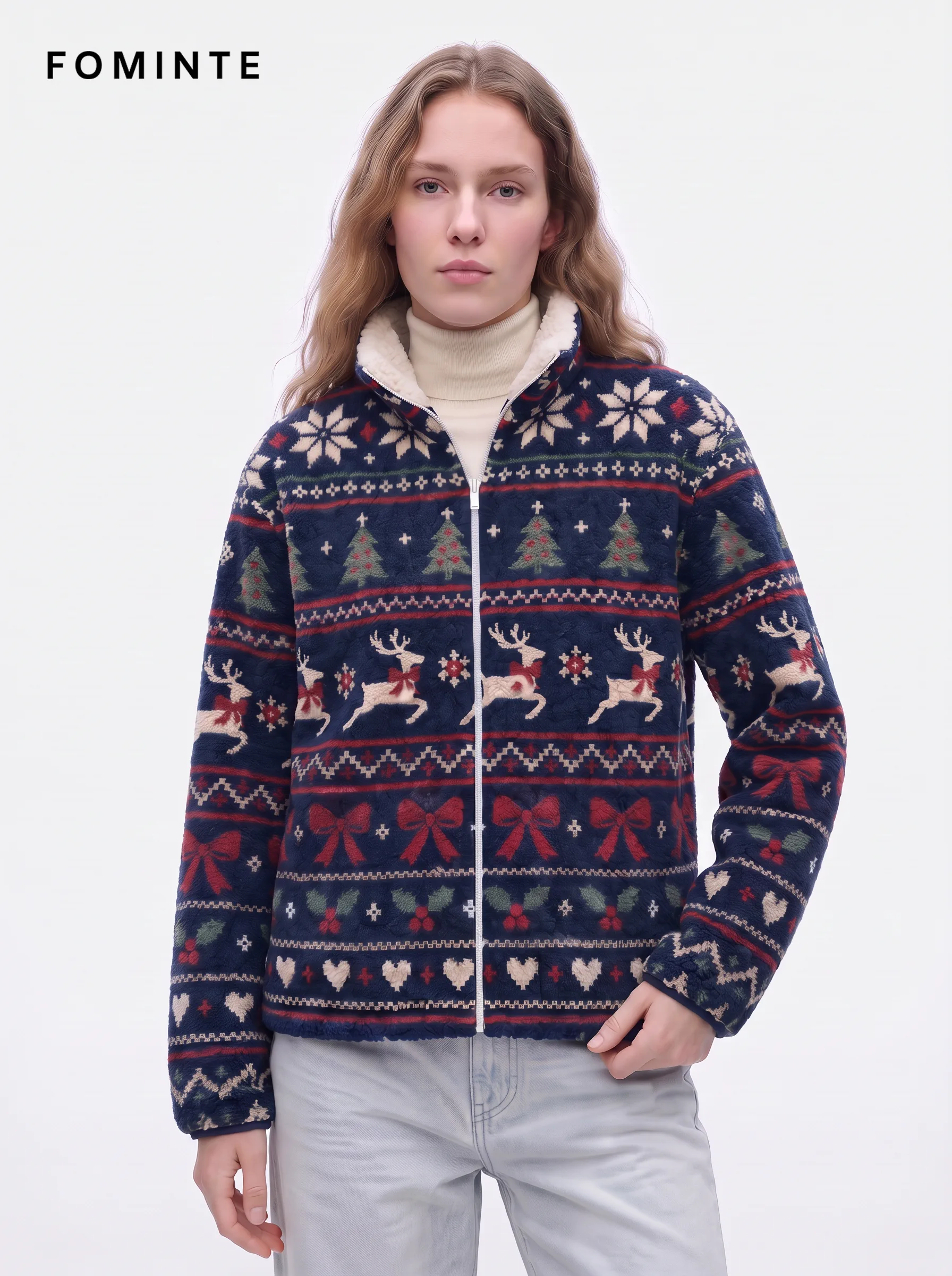 Navy Nordic Fair Isle Christmas Fleece Jacket