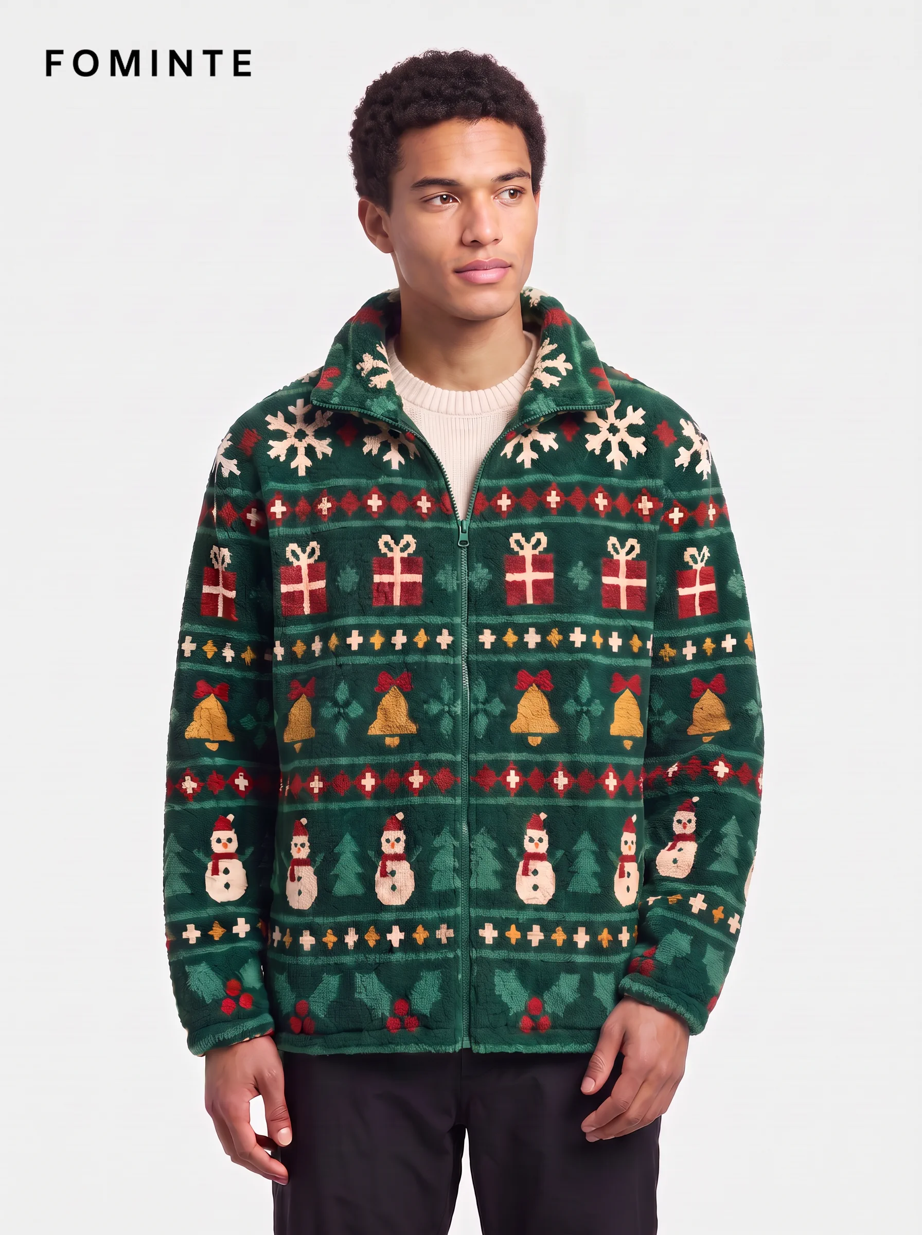 Pine Green Holiday Fair Isle Snowman Fleece Jacket