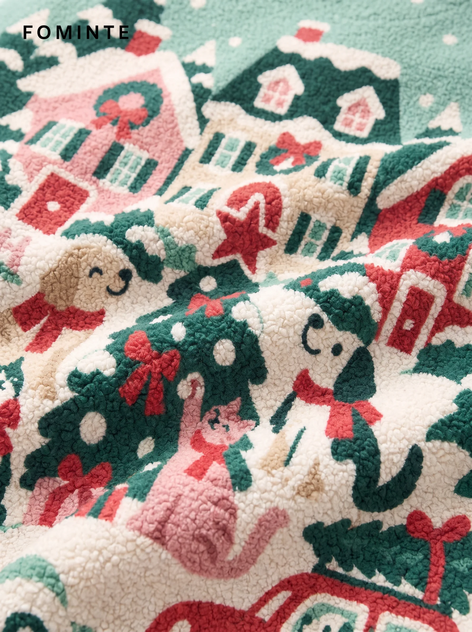 Pastel Mint Winter Village and Holiday Pets Fleece Jacket