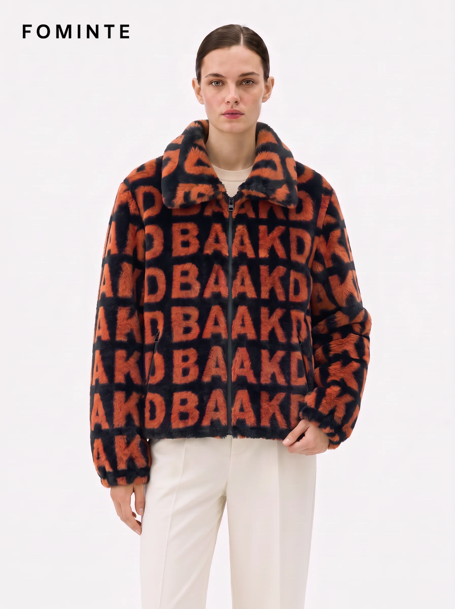 Tangerine and Black Monogram Luxury Faux Fur Zip Jacket