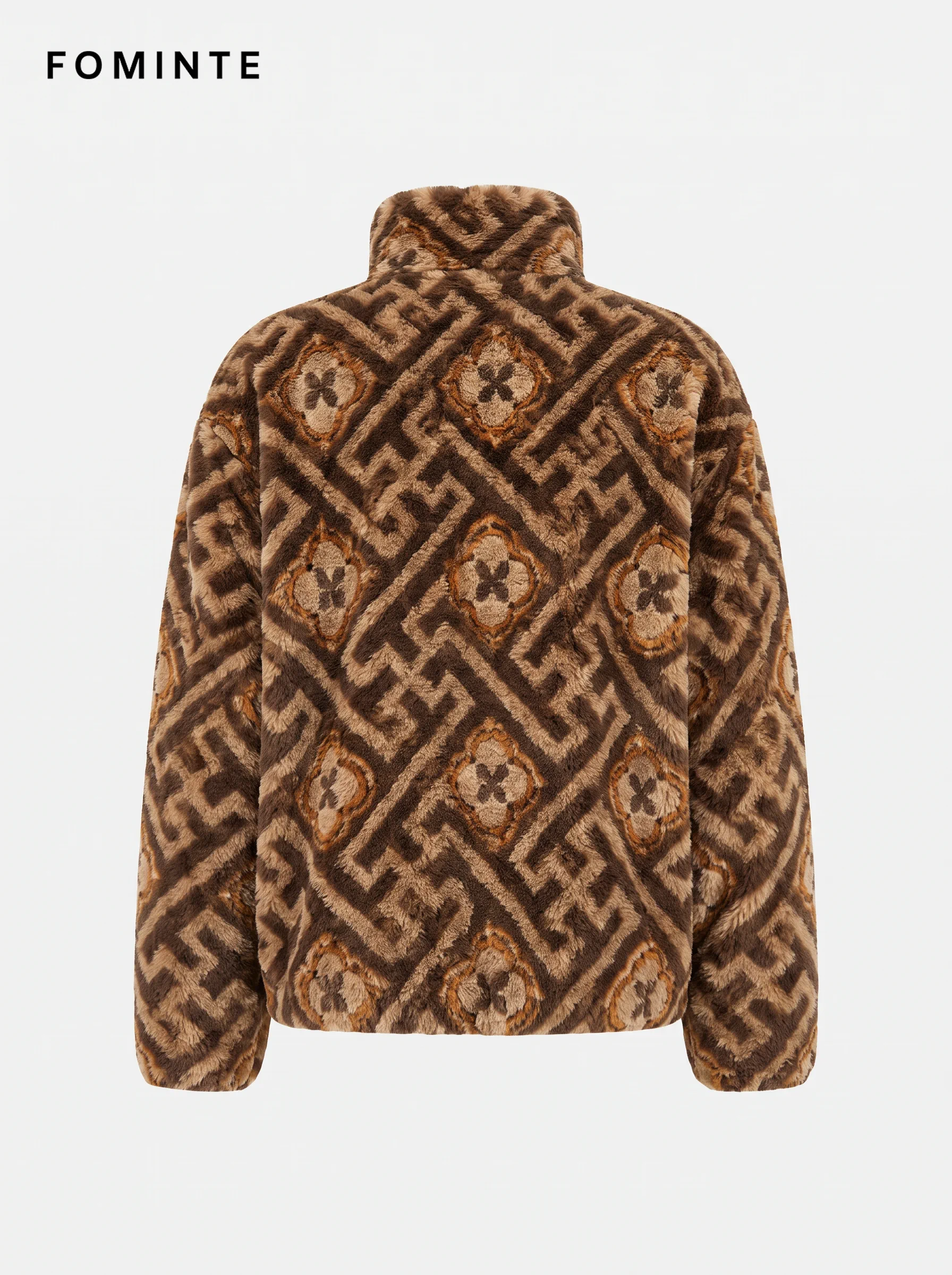 Earthy Colorblock Geometric Patchwork Luxury Faux Fur Jacket