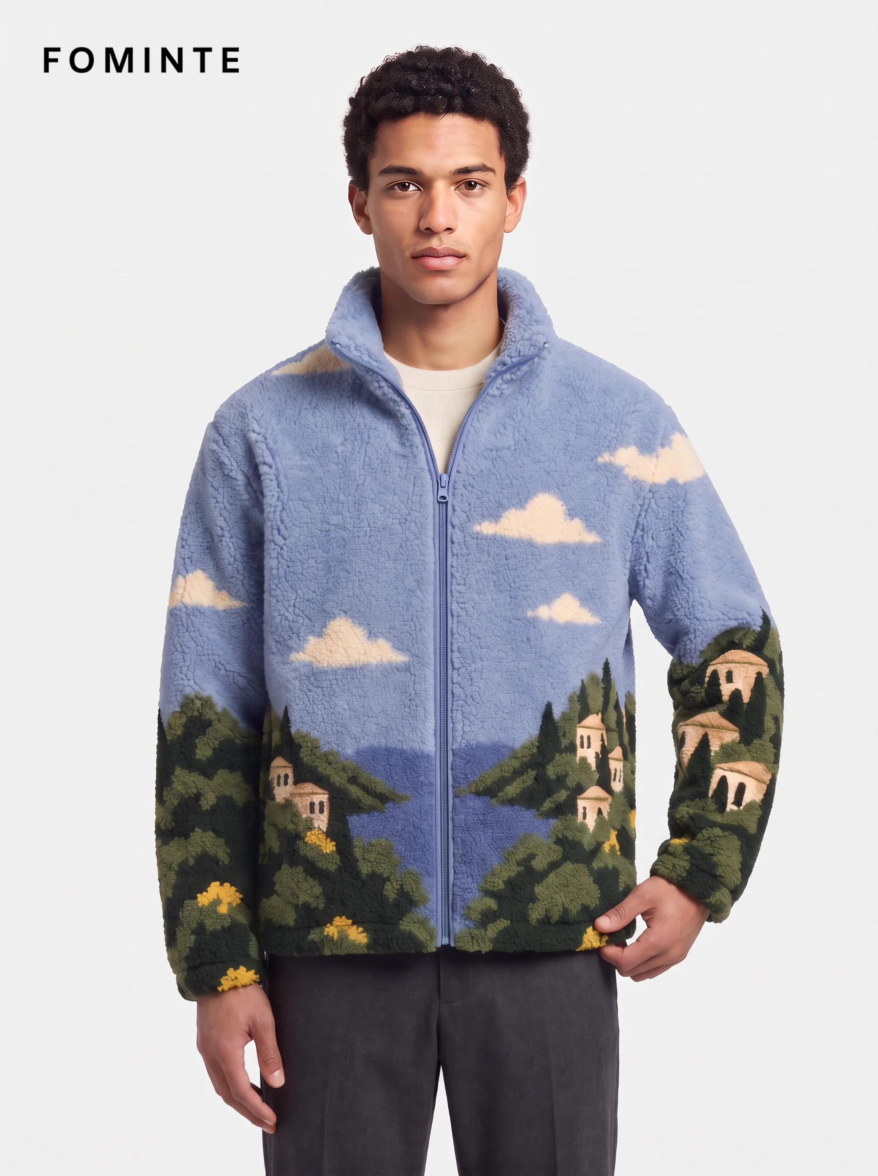 Sky Blue Mediterranean Coastal Villa Landscape Fleece Jacket