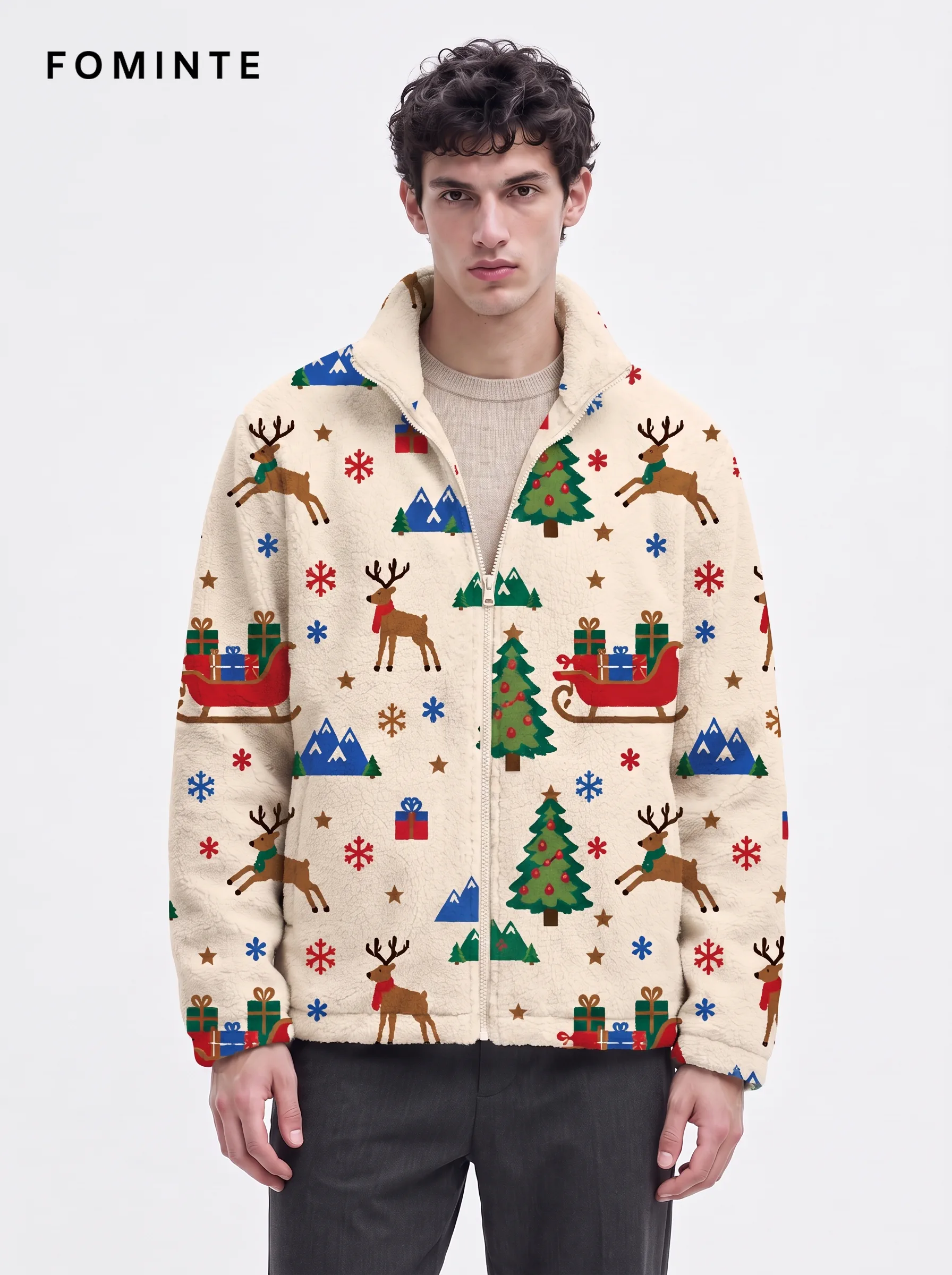 Cream Christmas Reindeer and Forest Holiday Sherpa Jacket