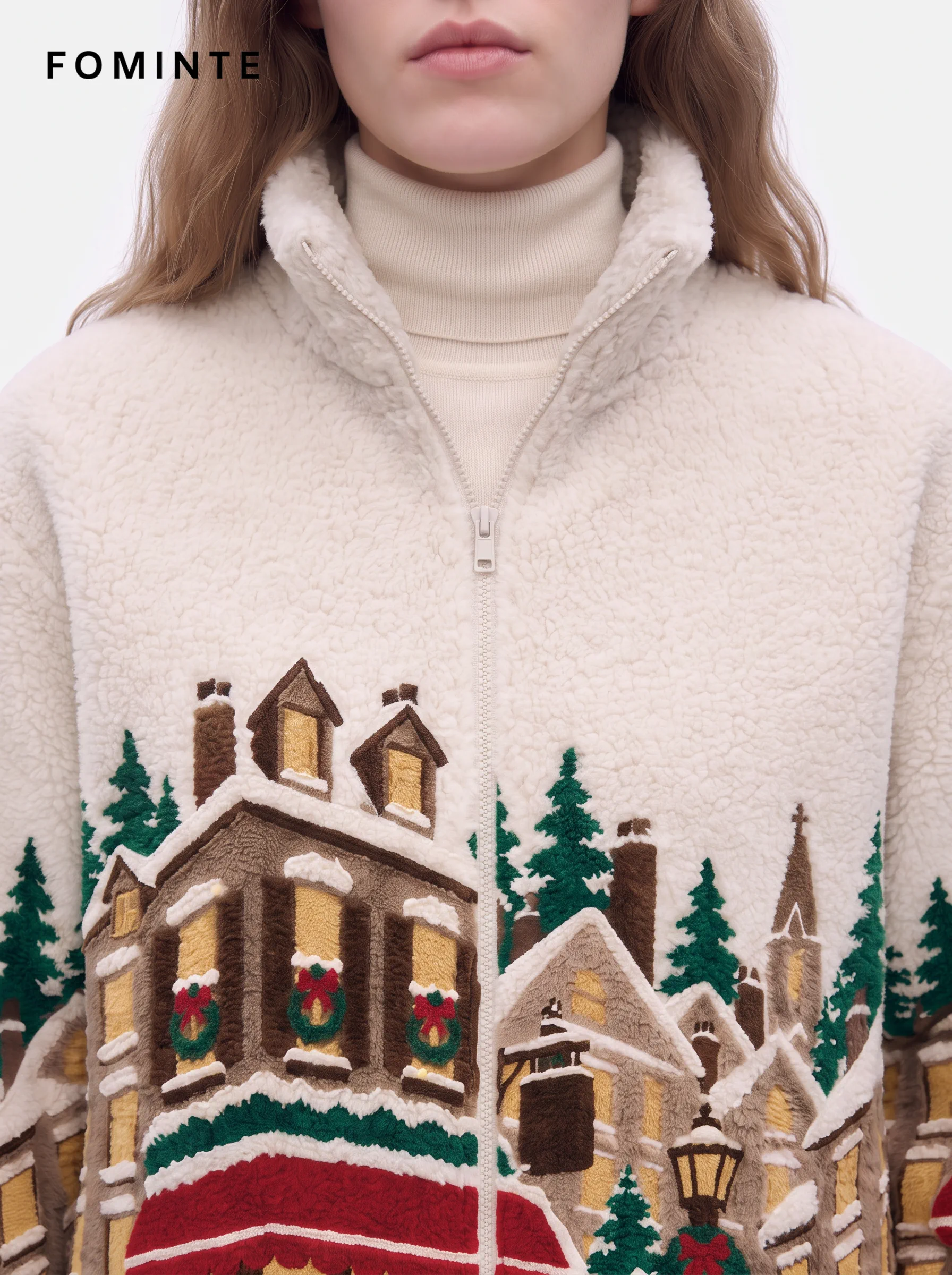 European Winter Town Jacquard Sherpa Fleece Jacket