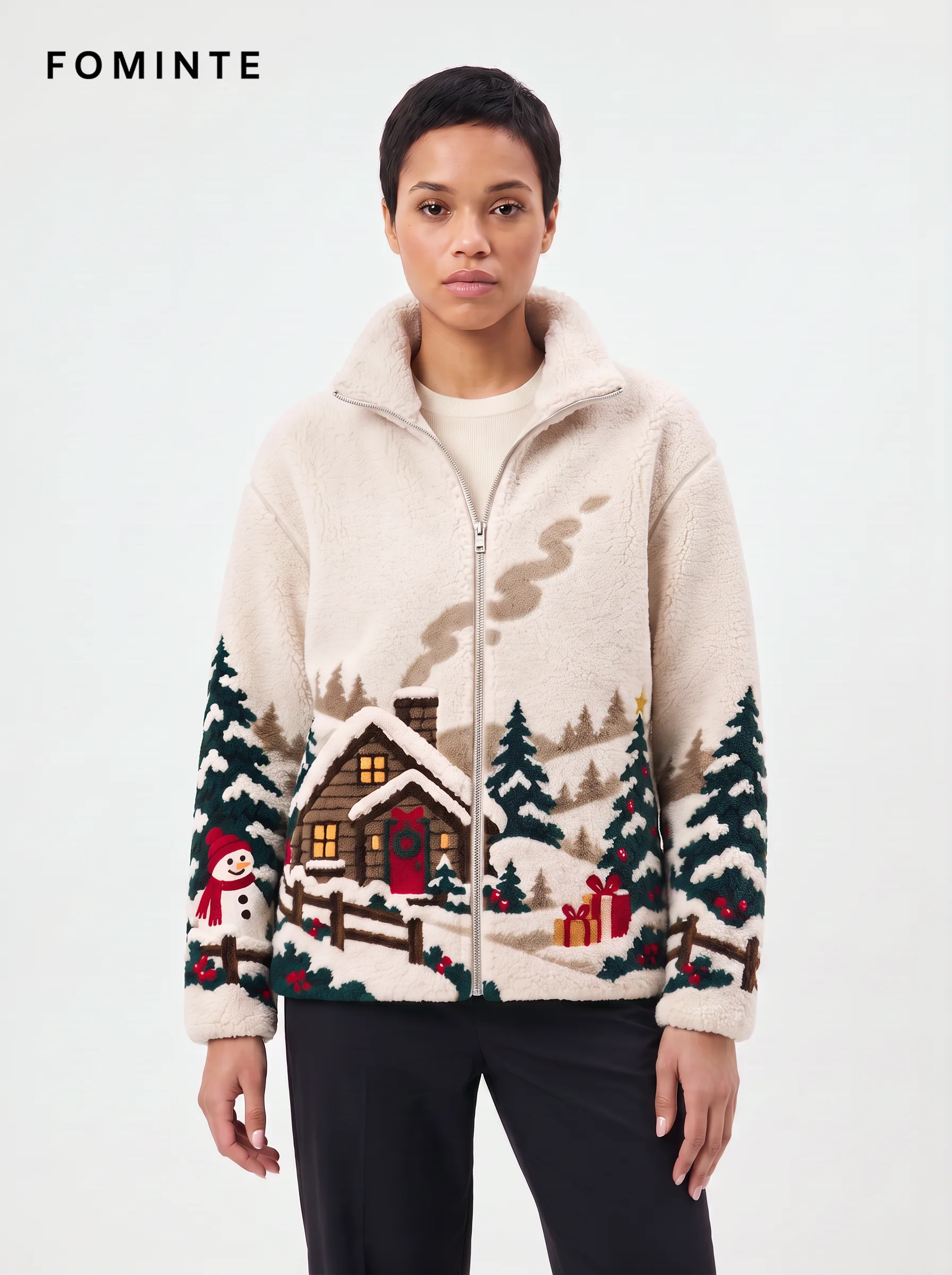 Alpine Cabin and Snowman Holiday Sherpa Fleece Jacket