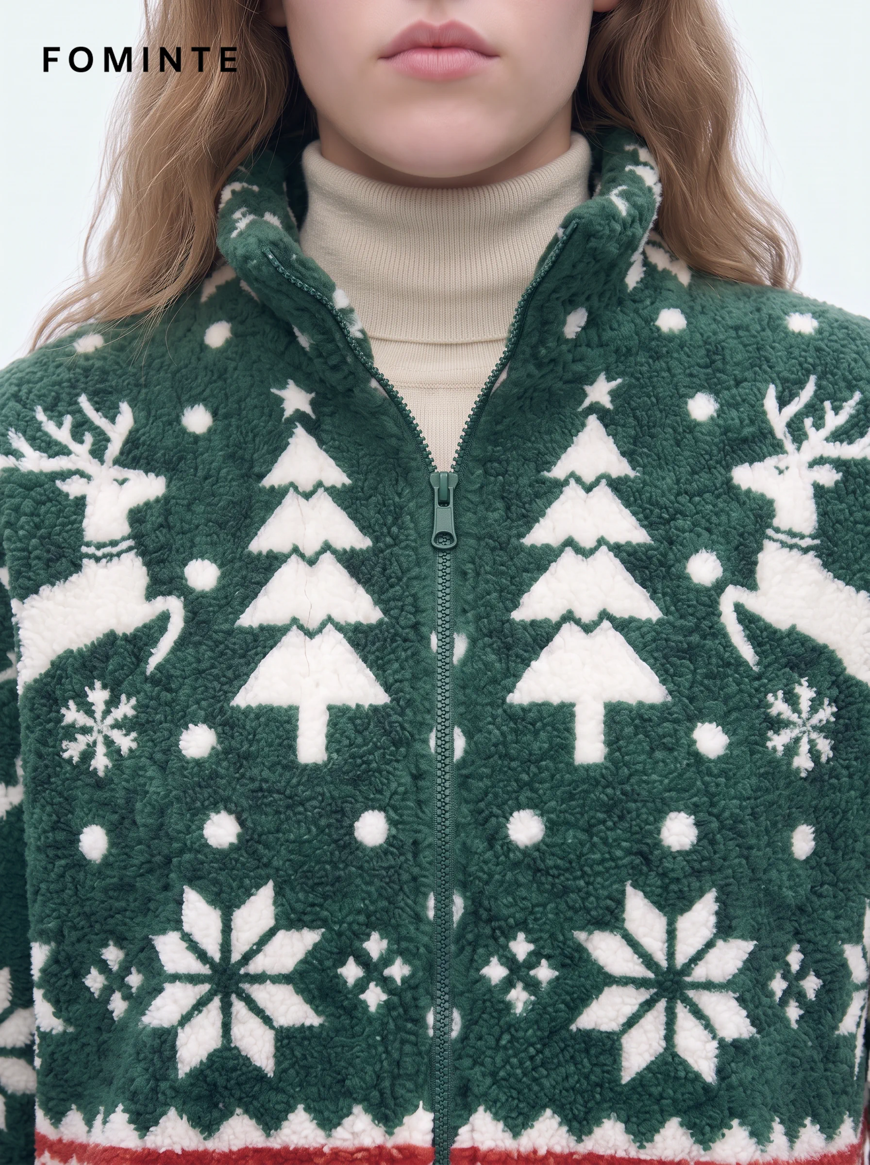 Festive Fair Isle Reindeer and Sleigh Holiday Sherpa Jacket