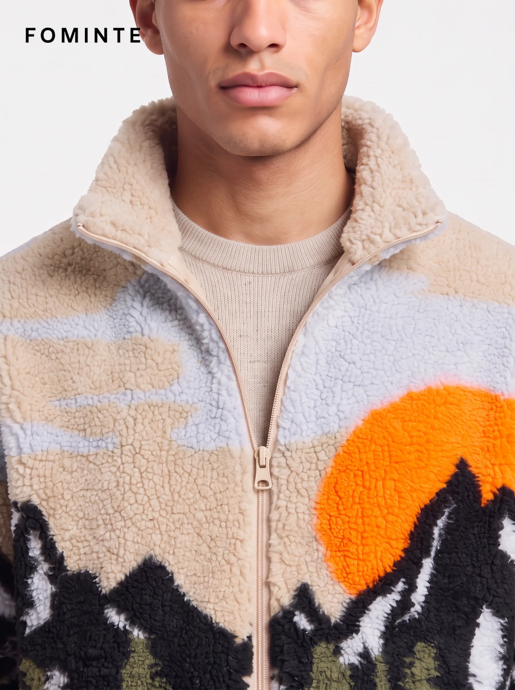 Men's Golden Sunset Alpine Mountain Peaks Jacquard Sherpa Jacket