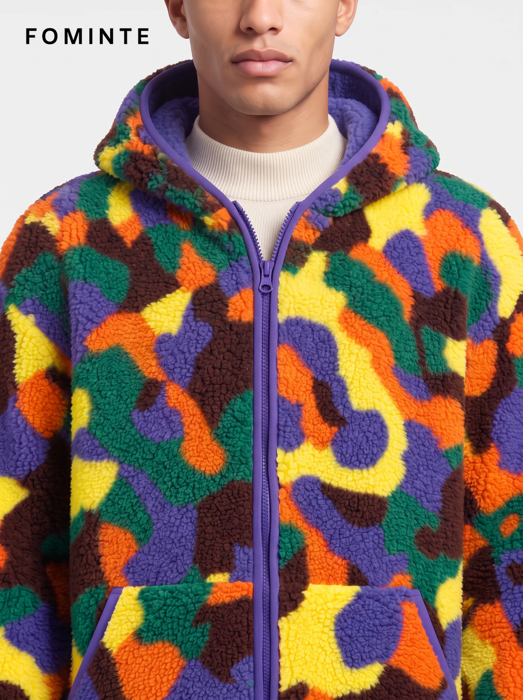 Vibrant Abstract Street Camo Hooded Sherpa Fleece Jacket