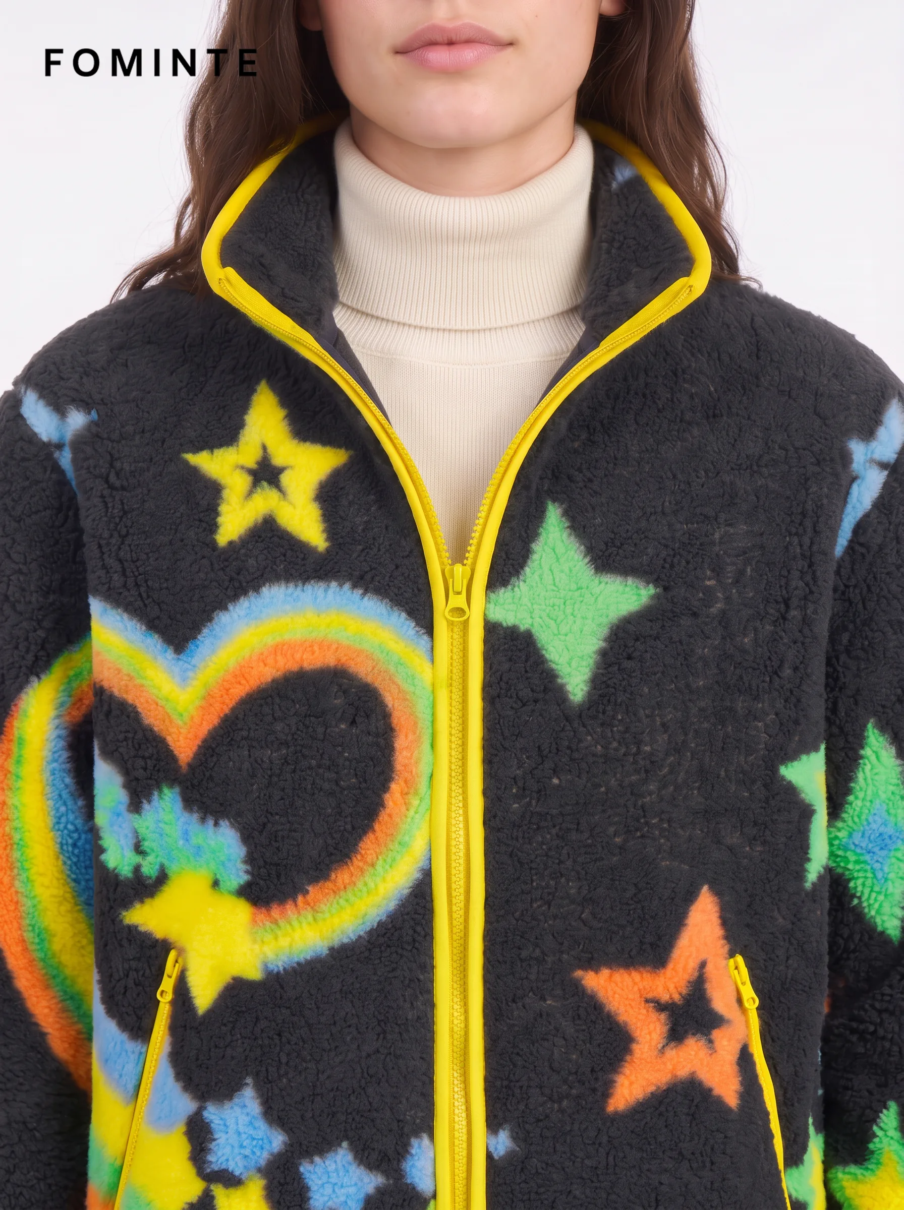Modern Prismatic Polygon Colorblock Sherpa Fleece Jacket