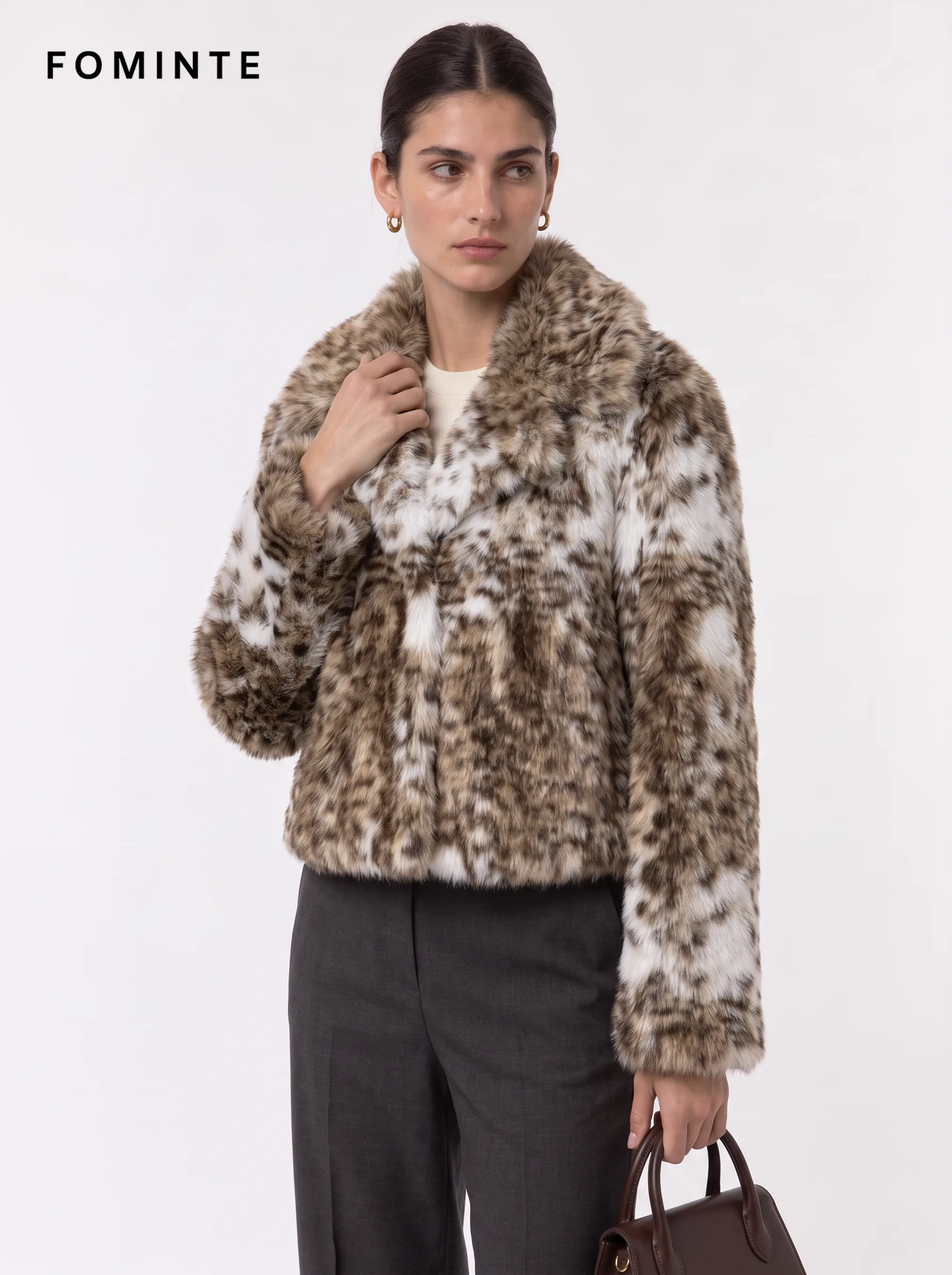 Ivory Tiger-Inspired Shawl Collar Faux Fur Jacket