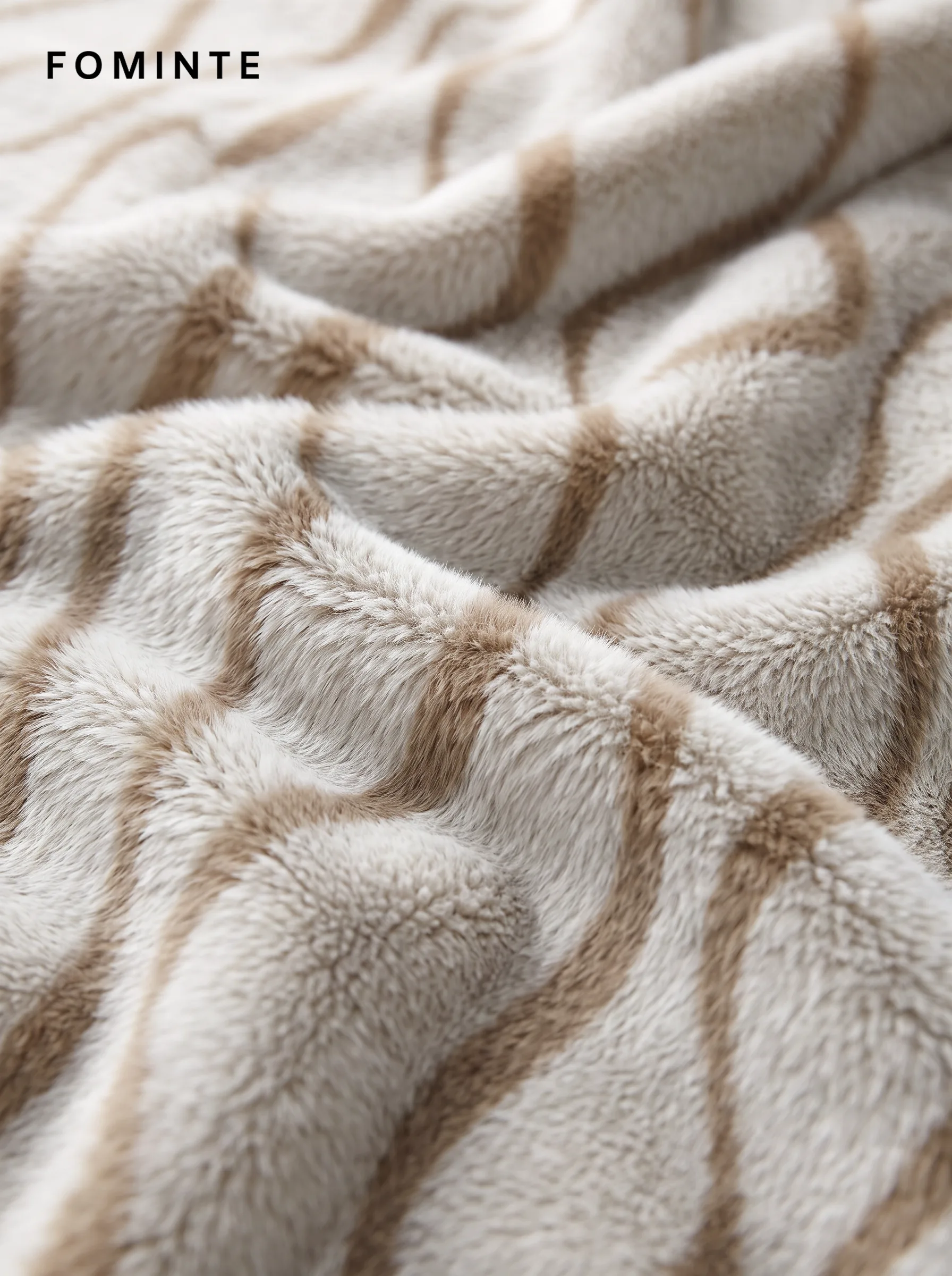 Cream and Dove Grey Striped Lapel Faux Fur Coat