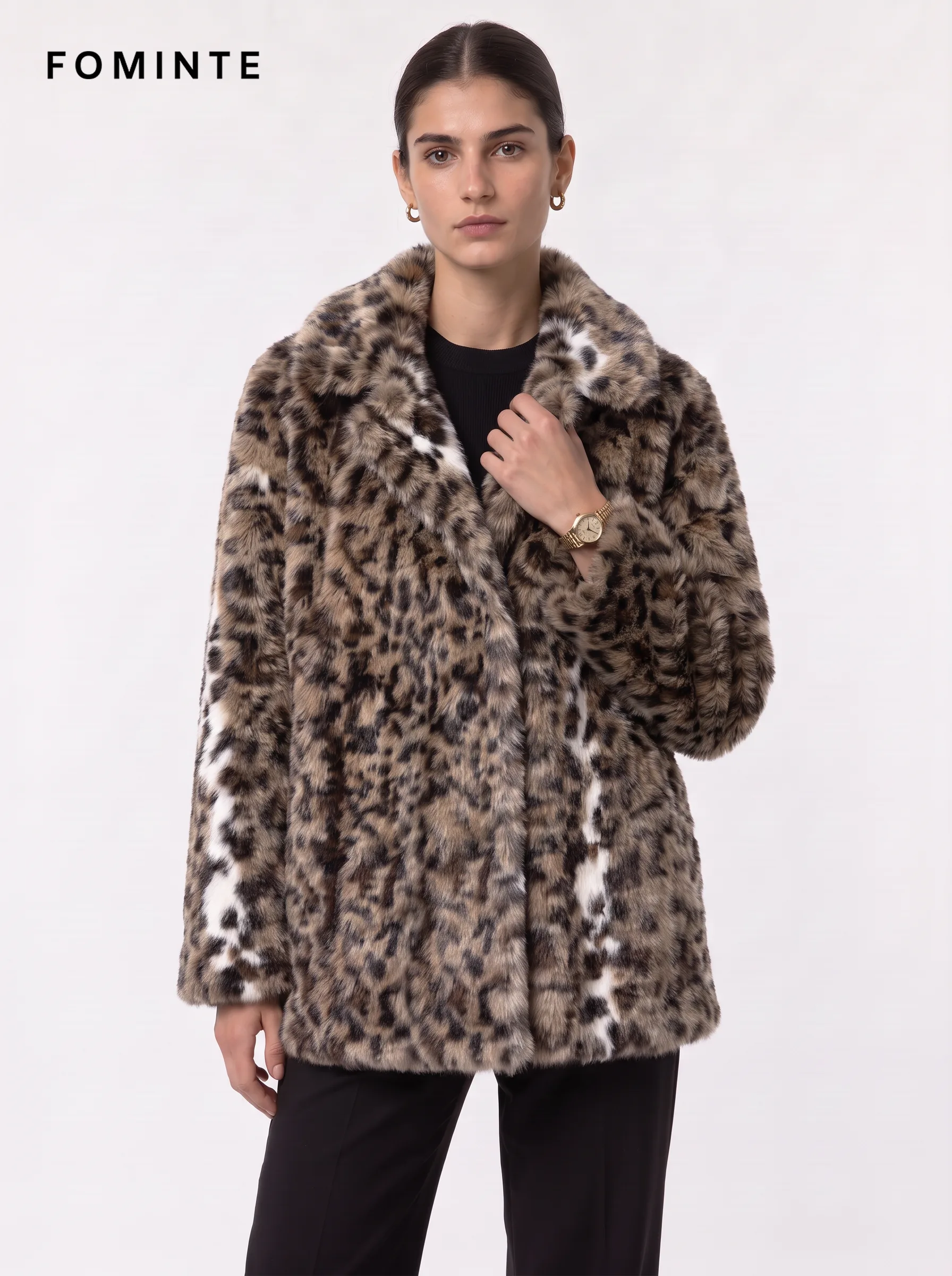 Greige Geometric Jacquard Hooded Faux Fur Coat