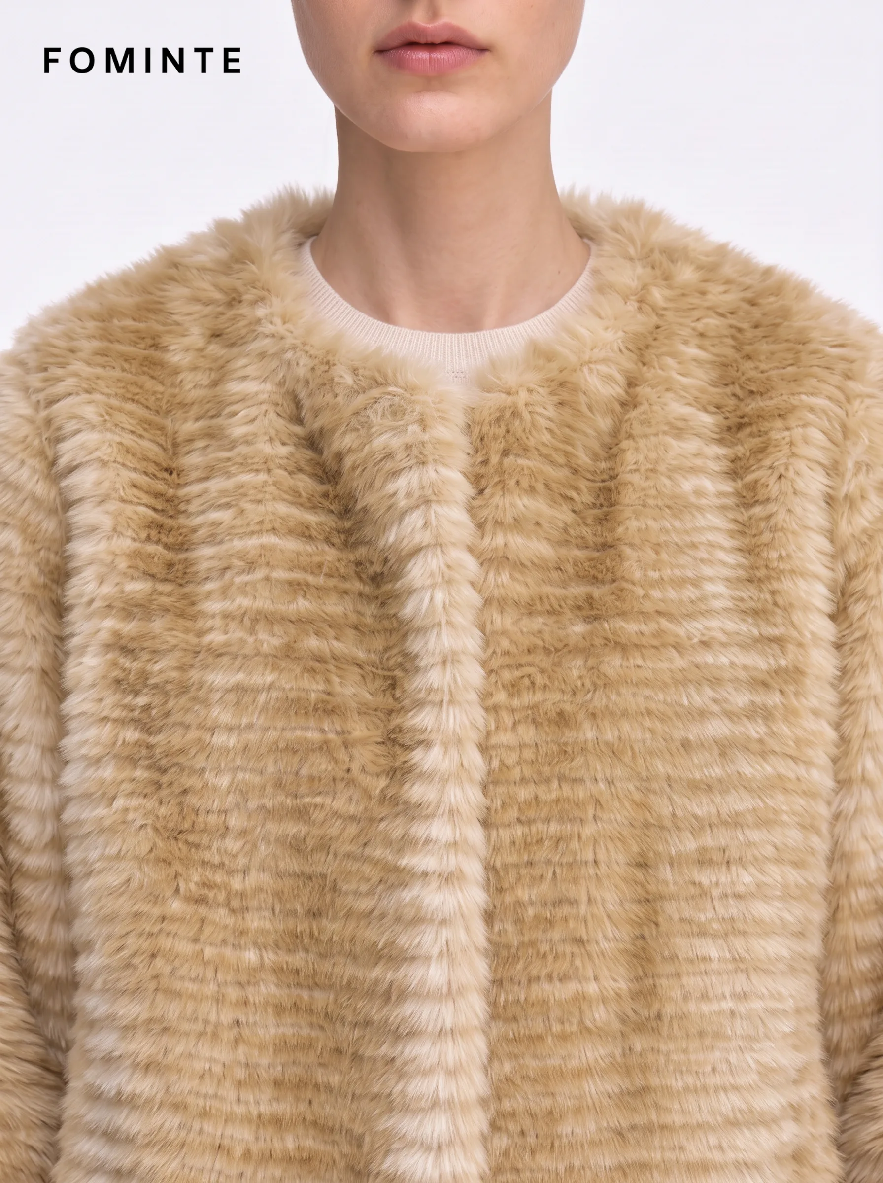 Golden Caramel Stand Collar Plush Faux Fur Jacket