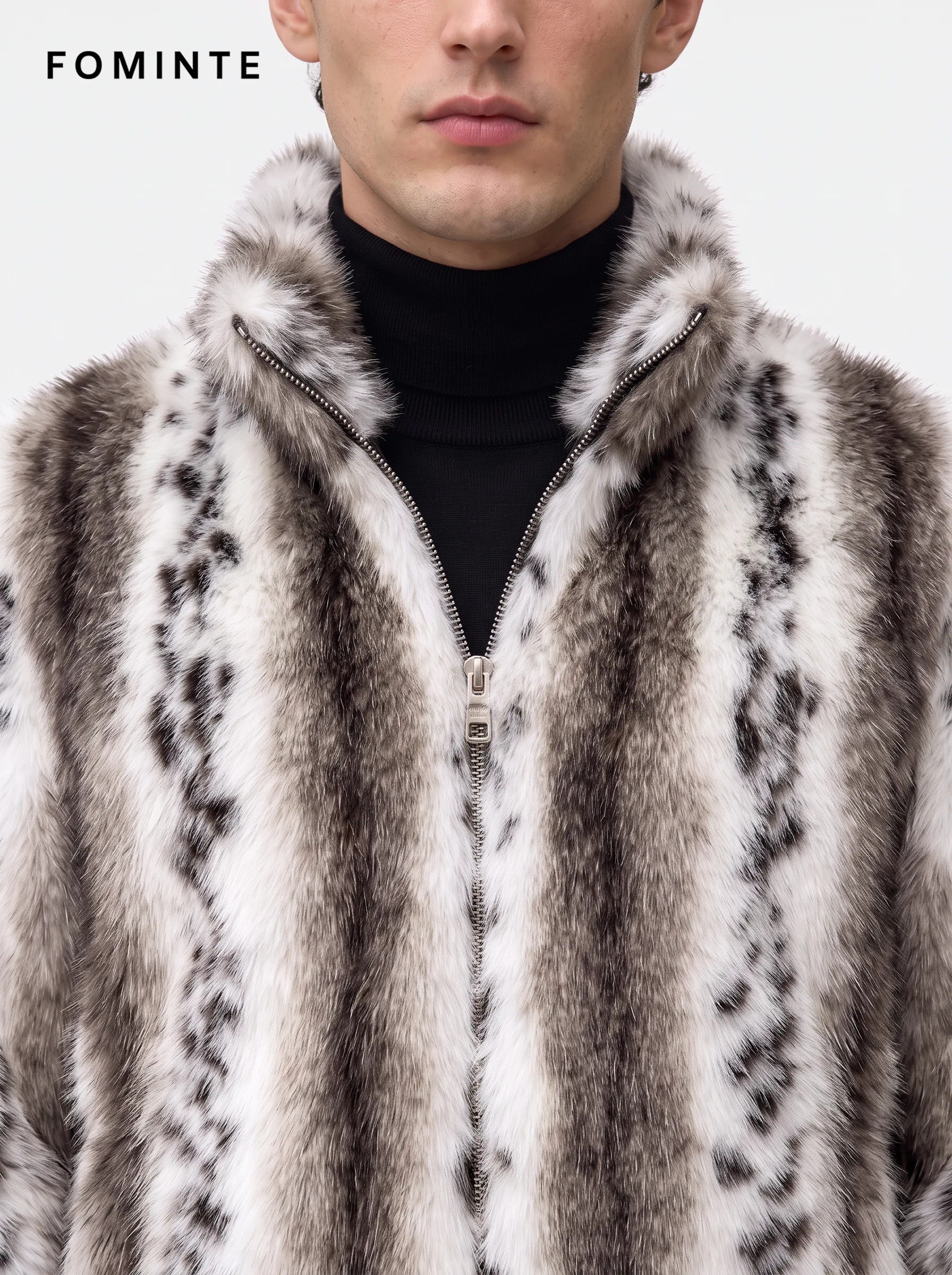 Snow Leopard Print Notch Lapel Faux Fur Jacket