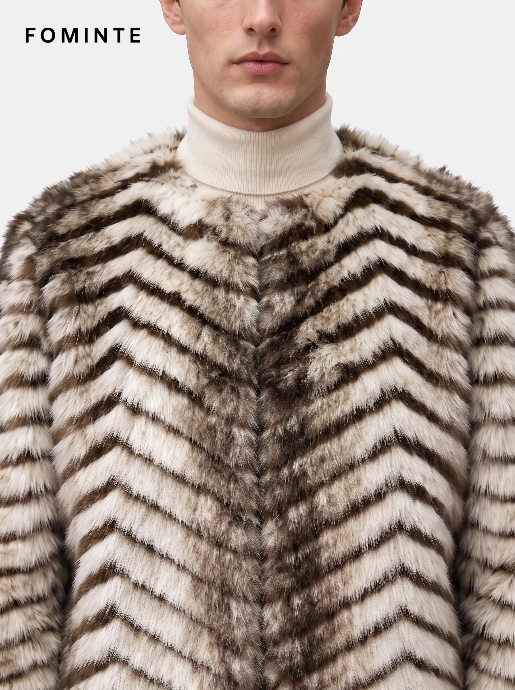 Ivory and Camel Wave Ripple Patterned Faux Fur Jacket