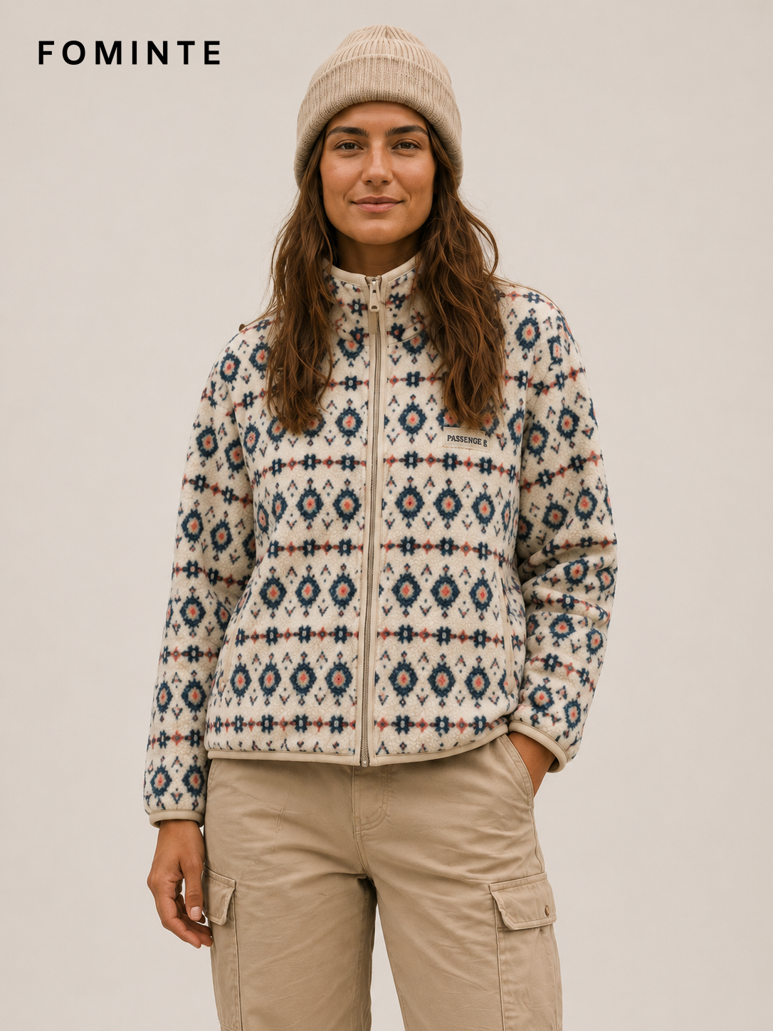 Cream and Light Blue Geometric Print Women's Printed Full-Zip Fleece Jacket Wholesale Custom Outerwear - FM0802000439