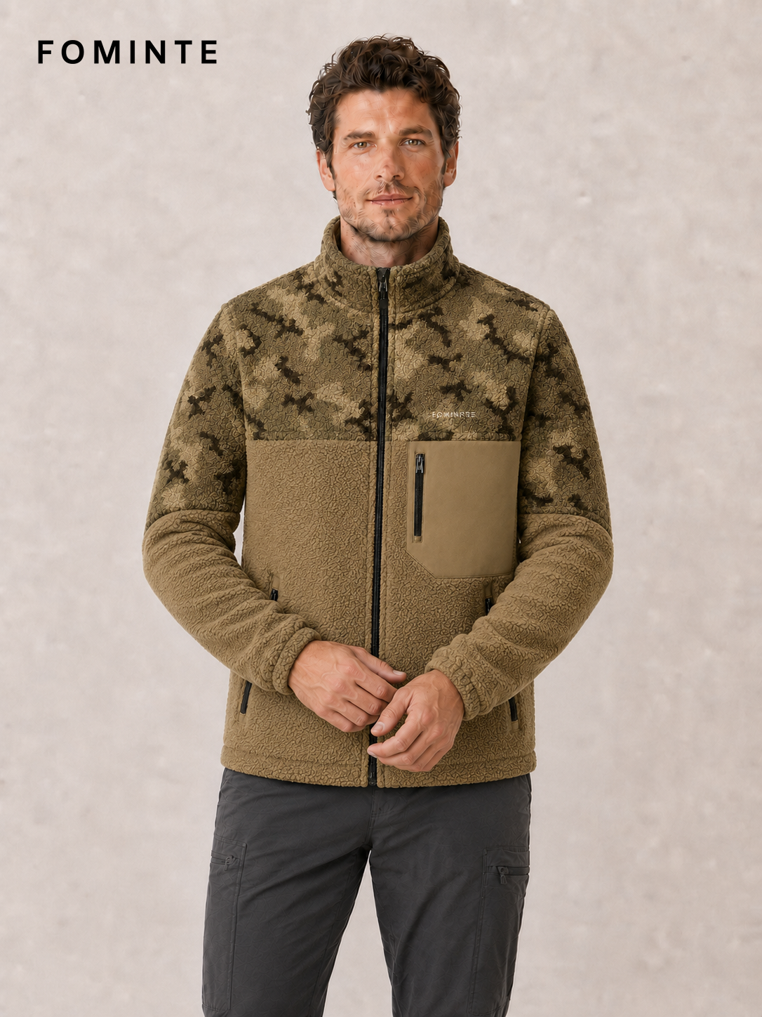 Camo and Camel Brown Men's Hybrid Fleece Jacket Wholesale Custom Outerwear - FM0801000426-1