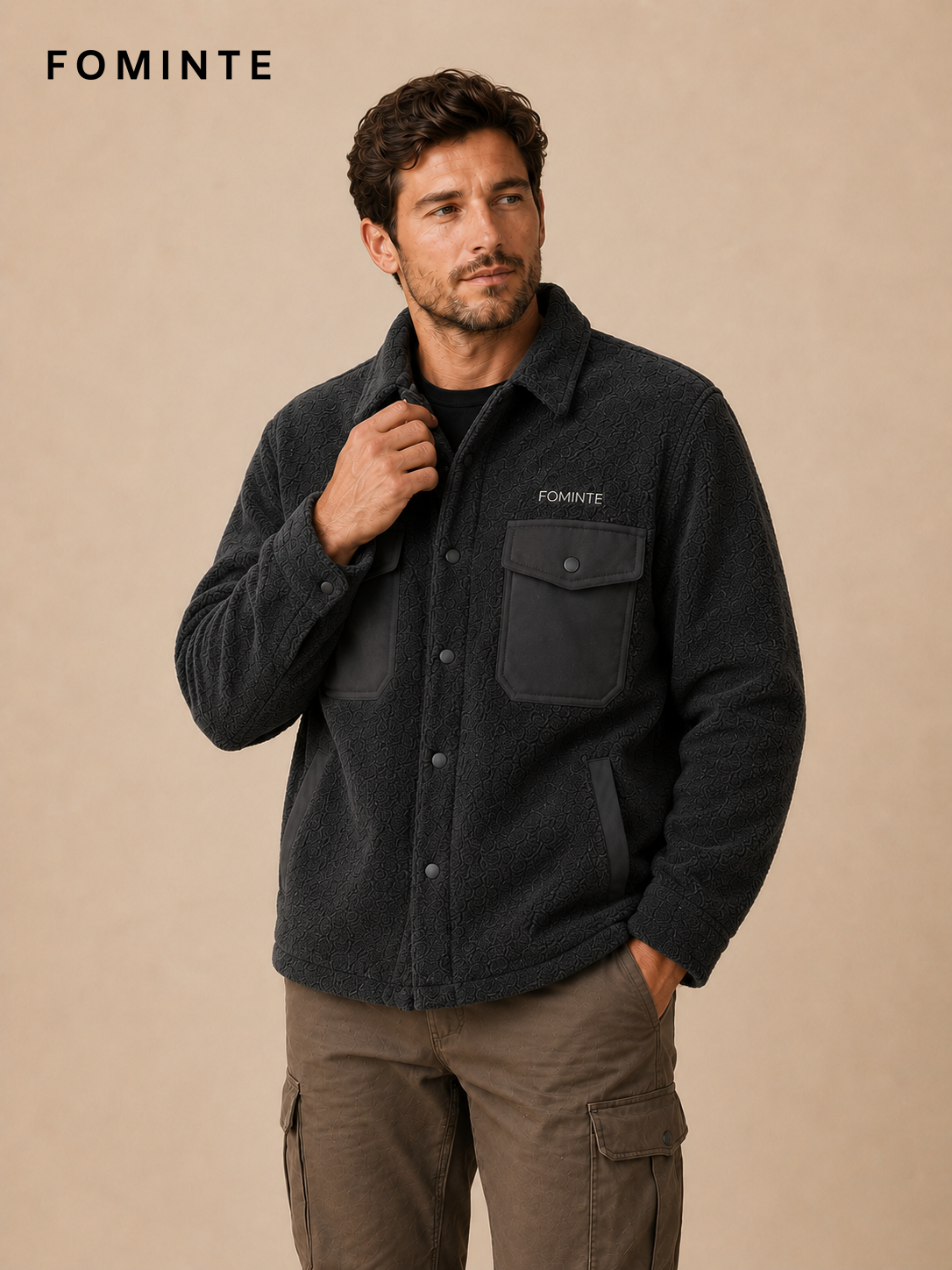 Charcoal Men's Fleece Overshirt Jacket Wholesale Custom Outerwear - FM0801000438-2