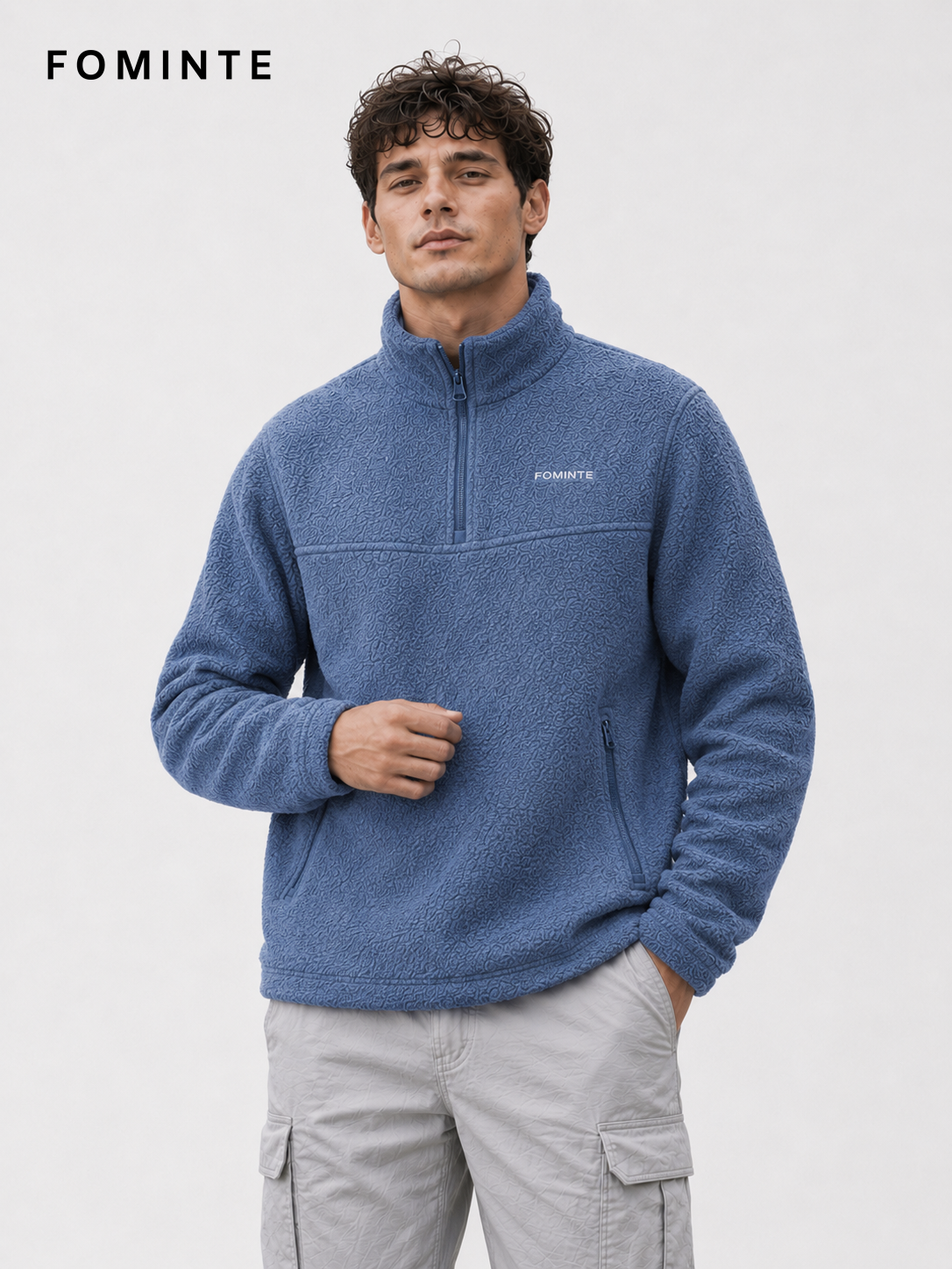 Grey Blue Men's Quarter-Zip Fleece Pullover Wholesale Custom Outerwear - FM0801000449-2