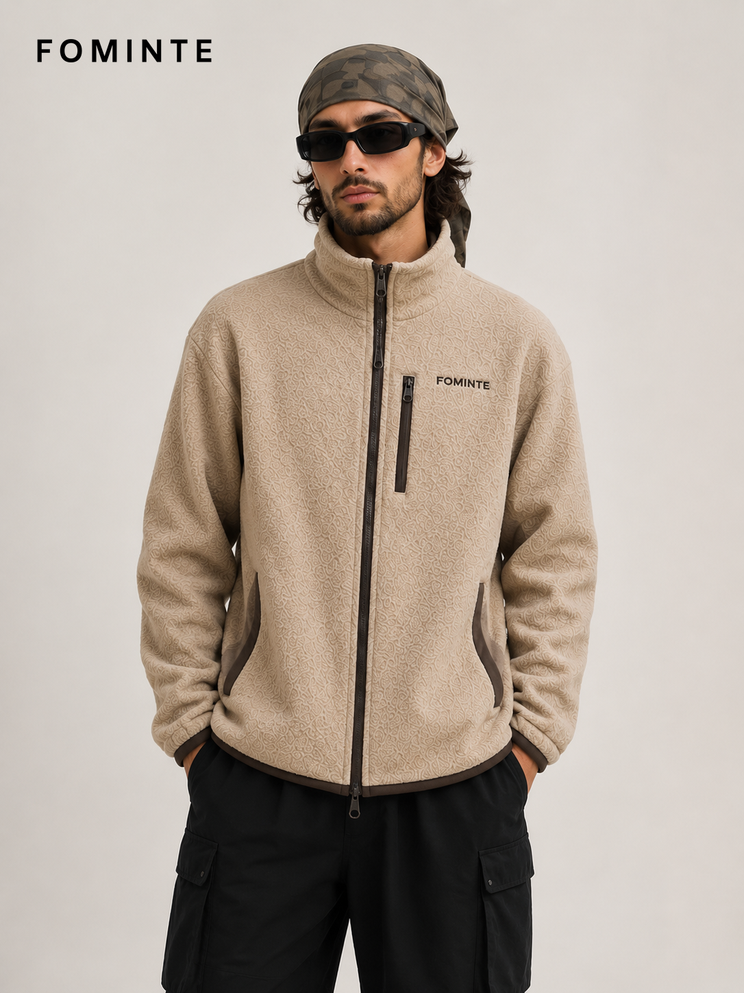 Khaki and Light Brown Unisex Full-Zip Fleece Jacket Wholesale Custom Outerwear - FM0801000450-2