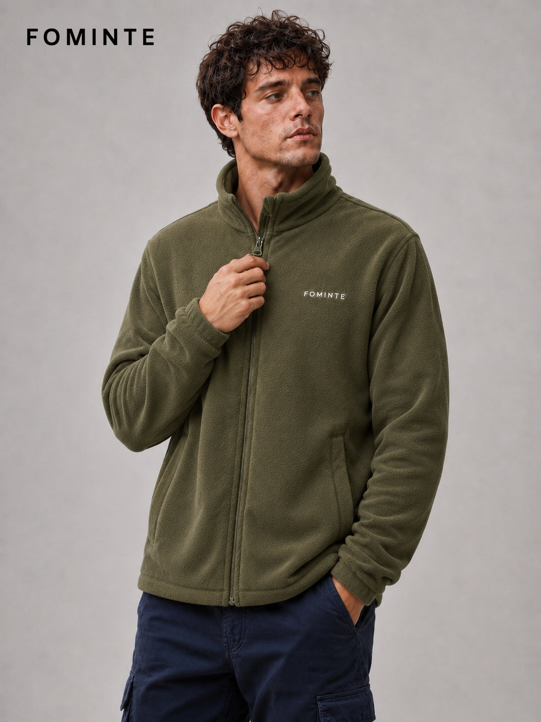 Olive Green Men's Full-Zip Fleece Jacket Wholesale Custom Outerwear - FM0802000434-3