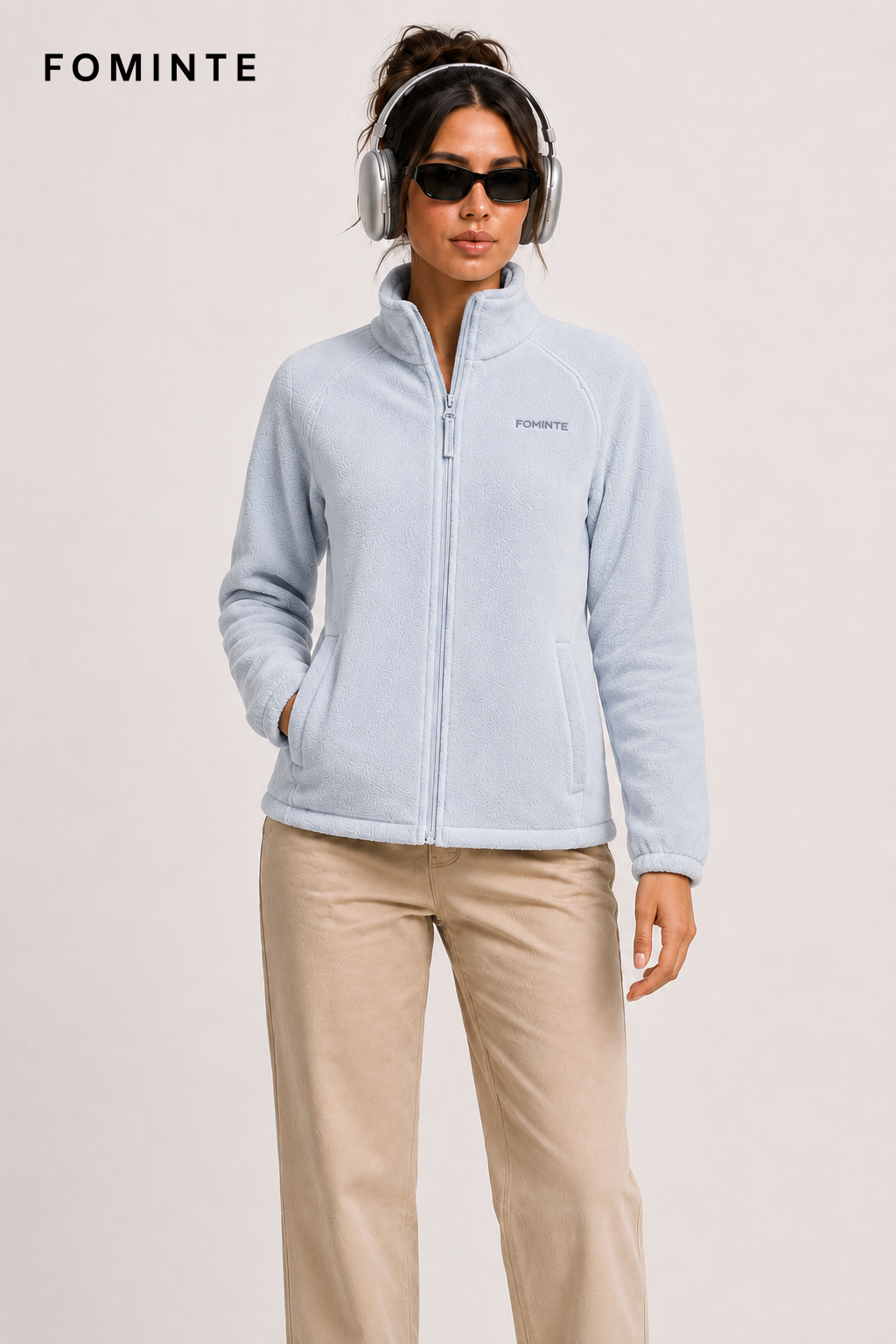 Light Grey Blue Women's Full-Zip Fleece Jacket Wholesale Custom Outerwear - FM0802000437-2