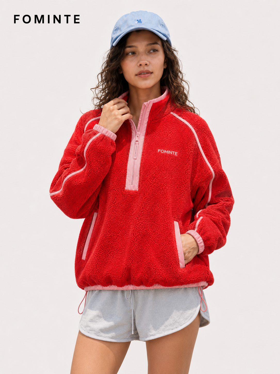Tomato Red and Mist Pink Women's Colorblock Quarter-Zip Fleece Pullover Wholesale Custom Outerwear - FM0802000444-2