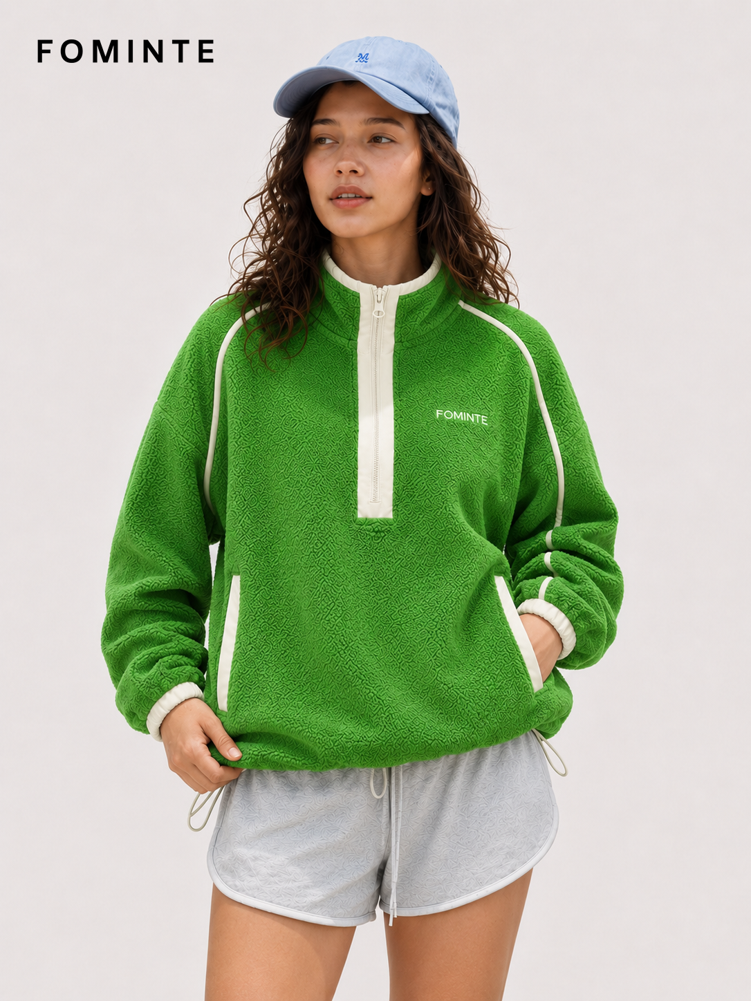 Grass Green and Cream Women's Colorblock Quarter-Zip Fleece Pullover Wholesale Custom Outerwear - FM0802000444-3