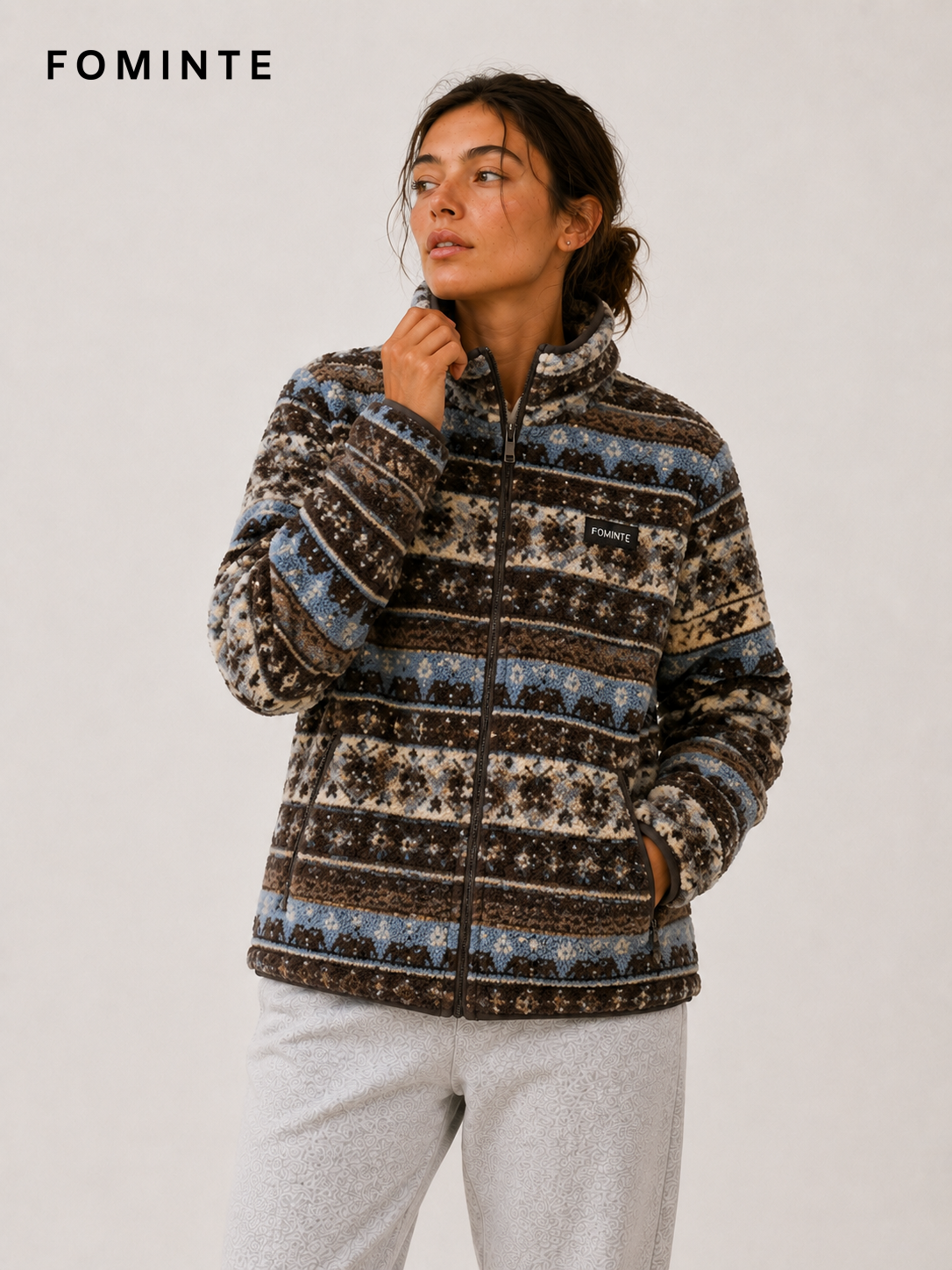 Brown and Blue Nordic Print Women's Nordic Print Full-Zip Fleece Jacket Wholesale Custom Outerwear - FM0802000445