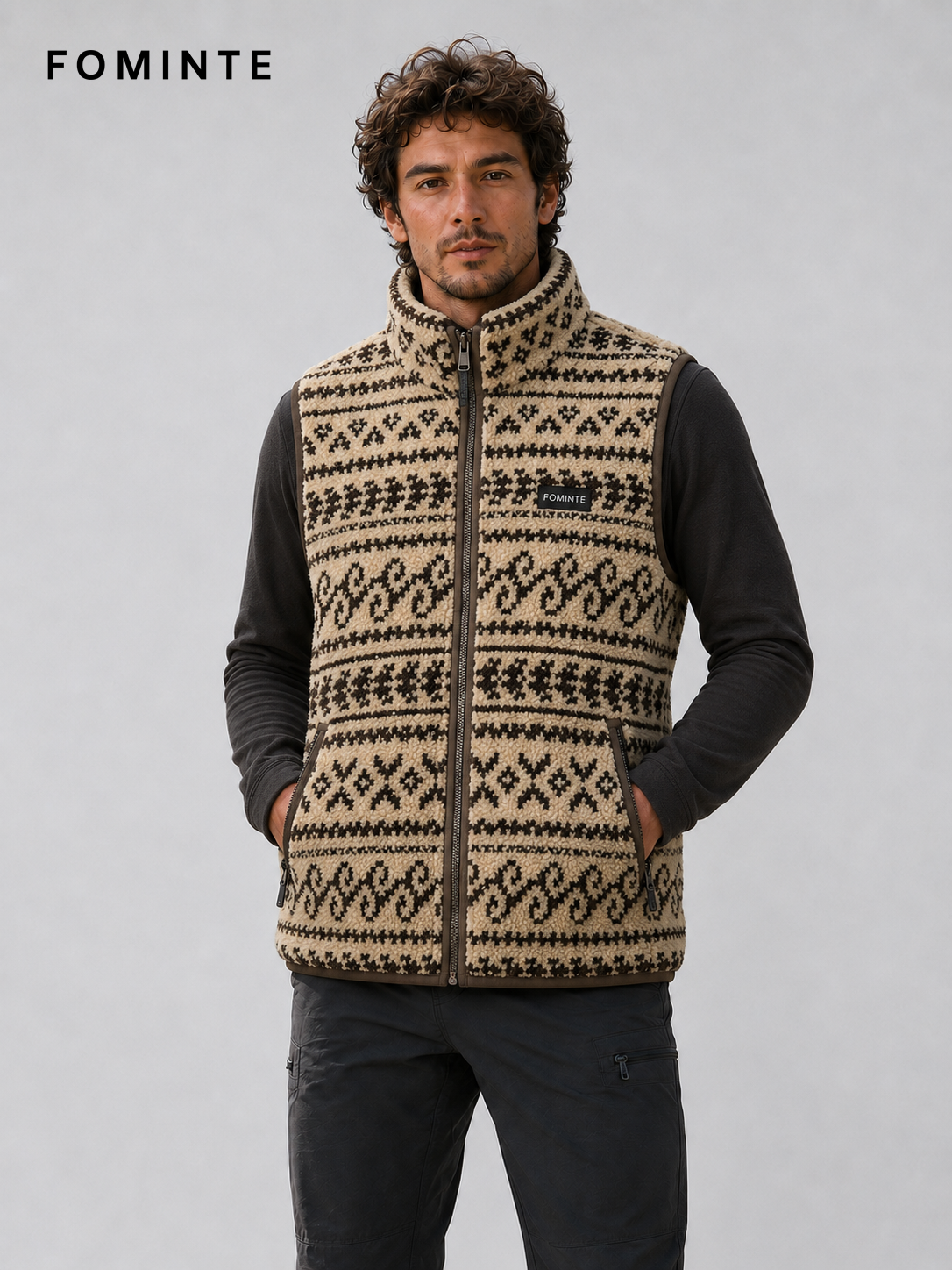 Beige and Brown Nordic Print Men's Nordic Print Full-Zip Fleece Vest Wholesale Custom Outerwear - FM0802000447