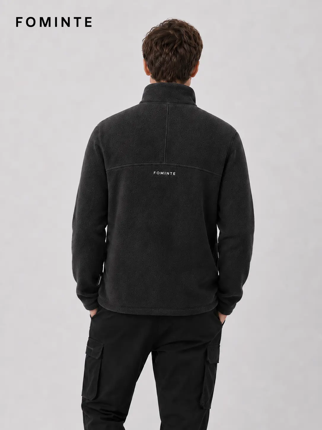 Men's Charcoal Black Stand Collar Color-Block Fleece Jacket