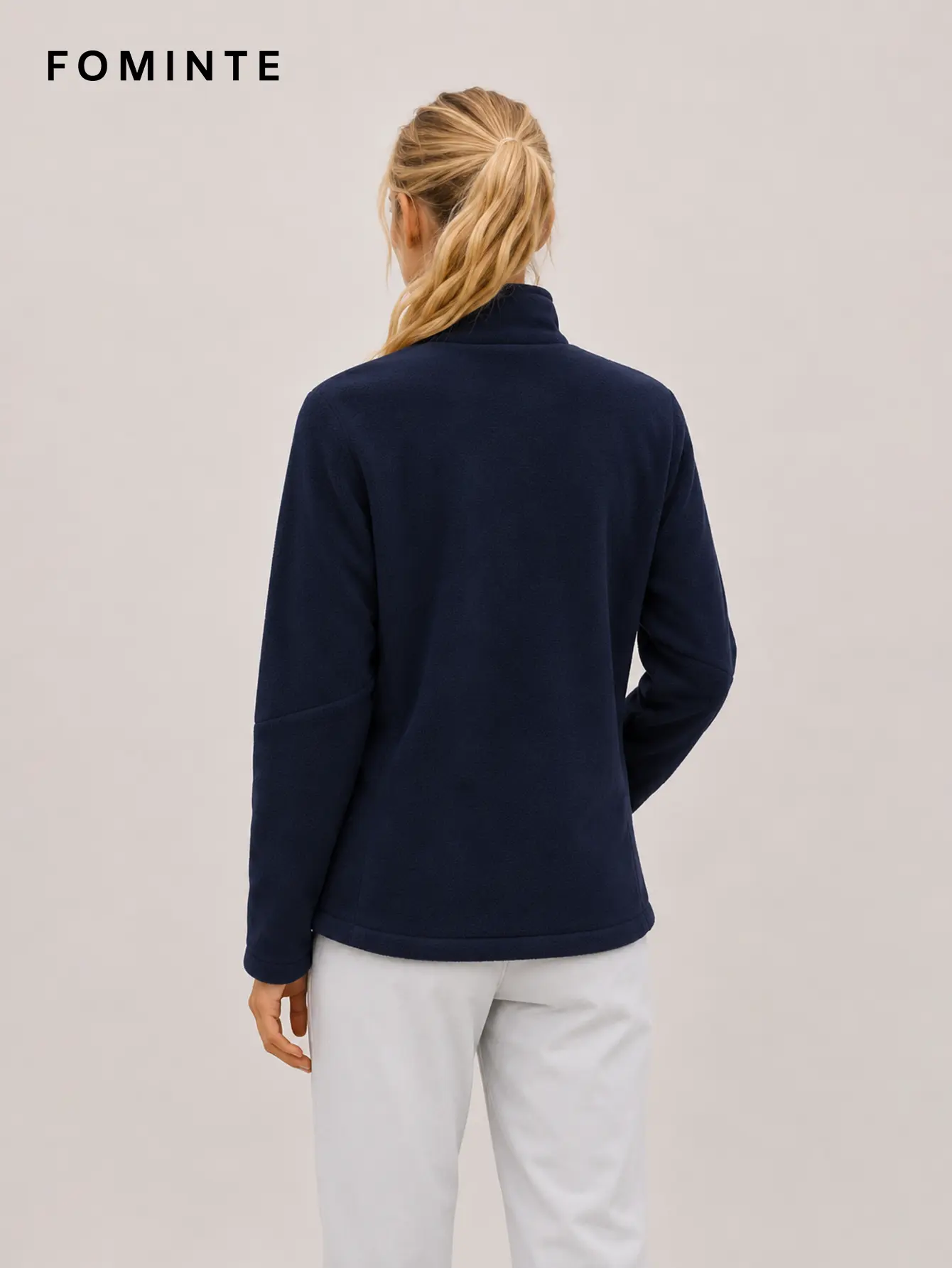 Women's Navy Blue Stand Collar Full-Zip Fleece Jacket