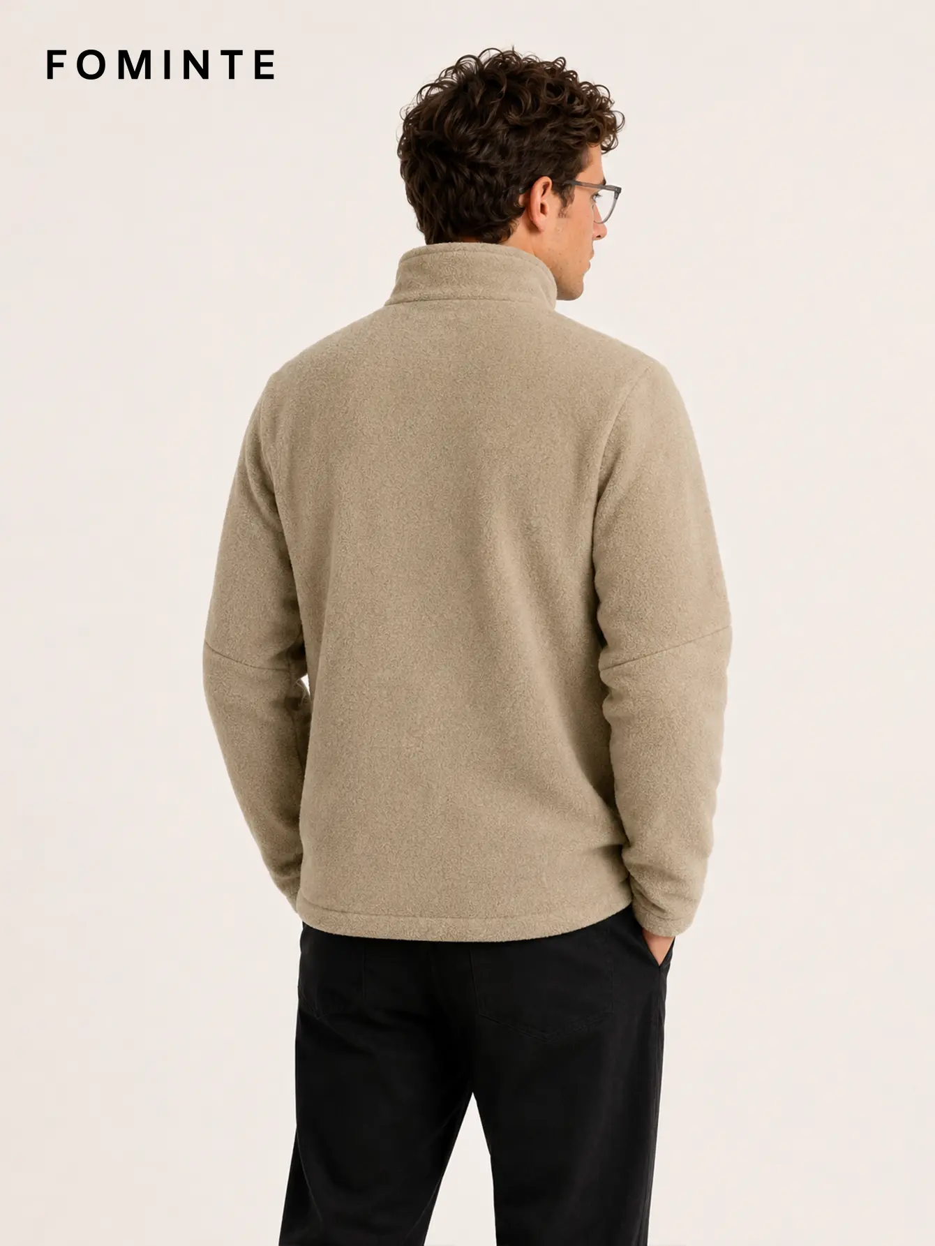 Men's Light Khaki Stand Collar Full-Zip Fleece Jacket
